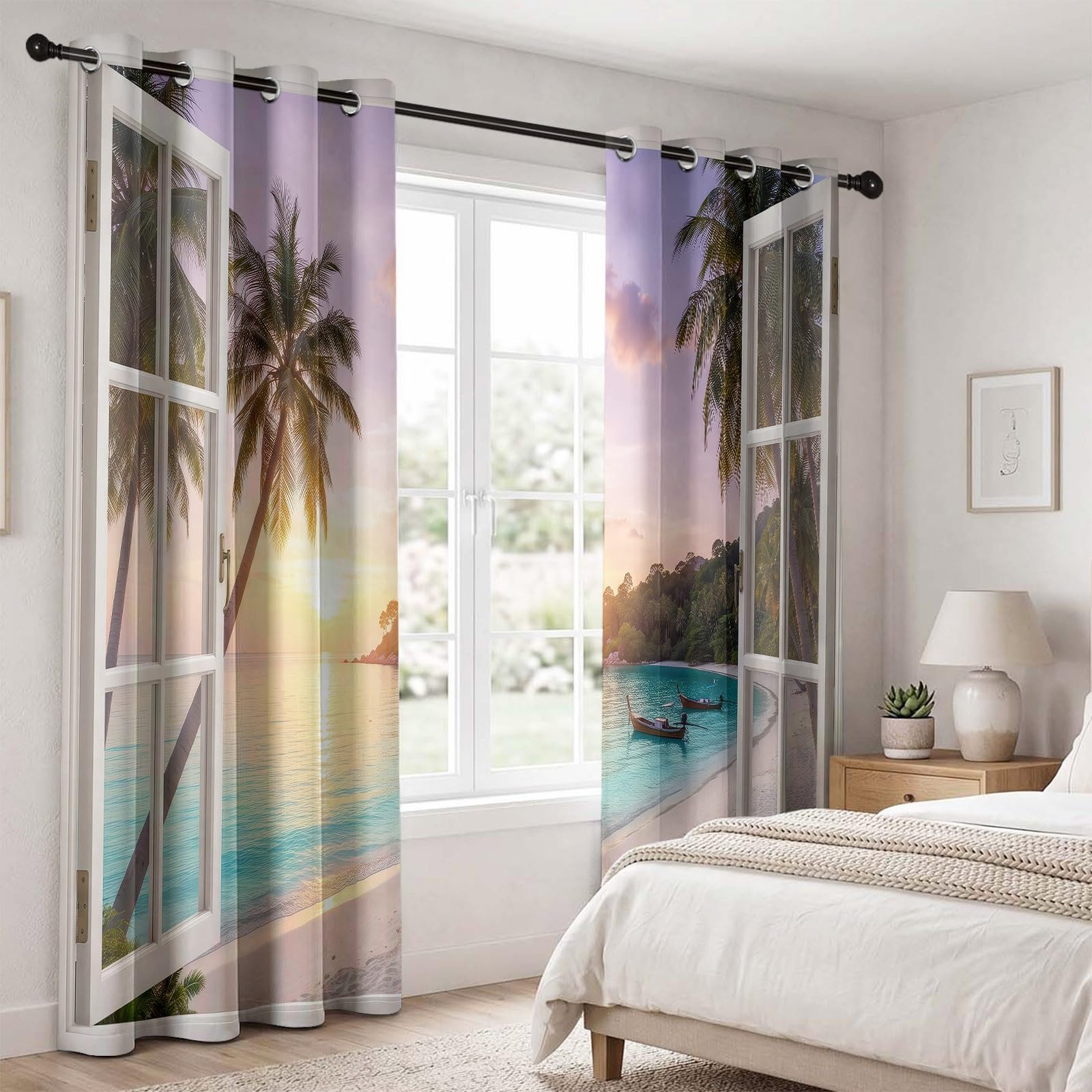 Verdunkelungsvorhänge Naturlandschaft, Französische Fenster Strand Sonne Kokospalmen Boot Vorhänge Ösen für Wohnzimmer, H245 x B100 cm 2 Paneele Blickdicht Thermovorhang Dekor für Schlafzimmer, Bunt