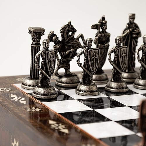 Miniatura 7 de Juego de ajedrez de madera hecho a mano de 15 pulgadas con piezas de metal del ejército británico, tablero de almacenamiento de lujo, regalo