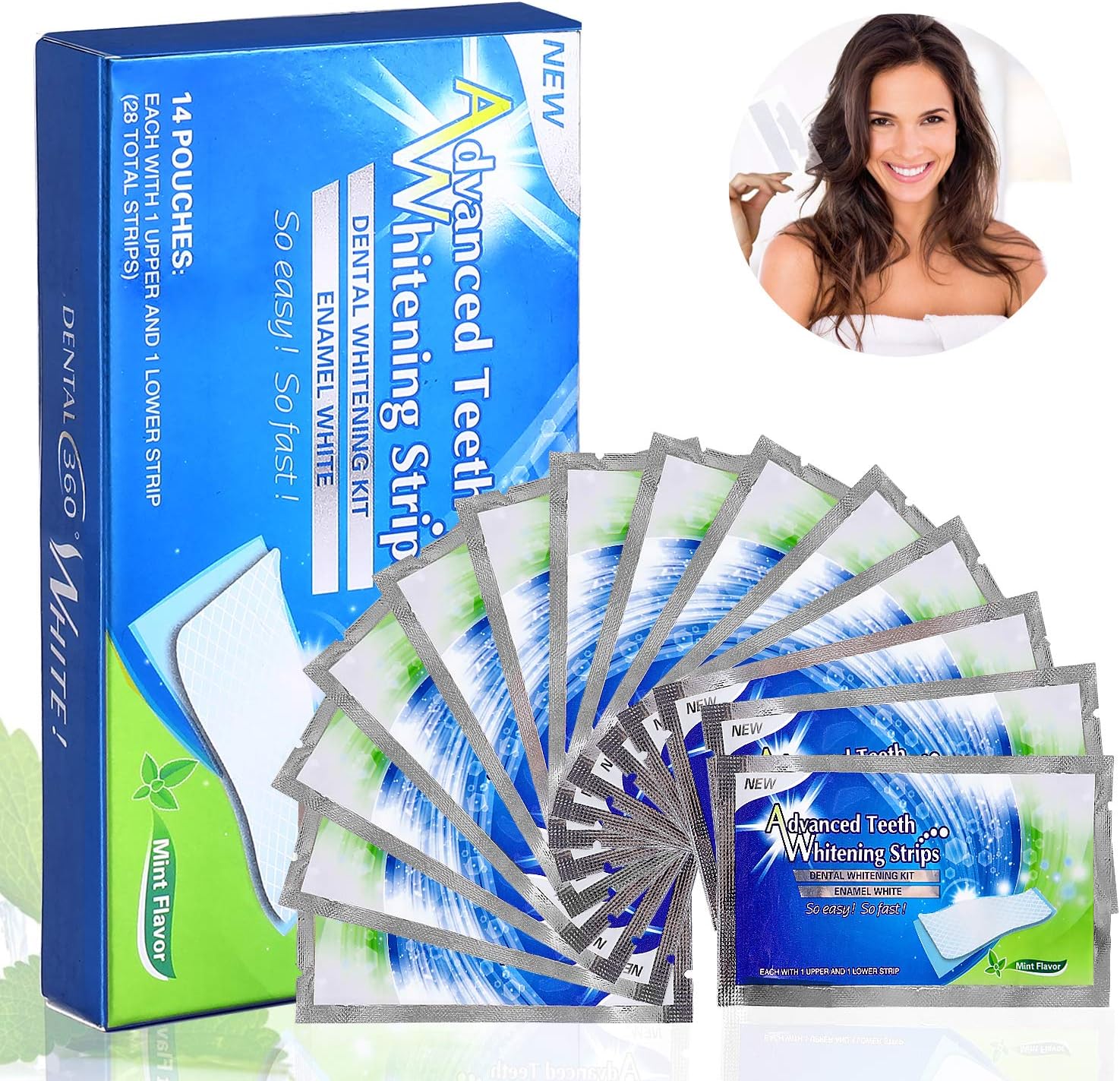 Teeth Whitening Strips, Fixget 28 Pieces 3D Teeth Stain Remover, Mint Flavor Freshen Breath, 14 Treatment, 30 Minutes Express, Non-Slip Tooth Bleaching Gel Strip for Sensitive Teeth