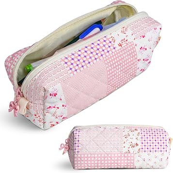 Cute Quilted Pencil Case for Girls Women, Aesthetic Small Floral Pencil Pouch,Slim Soft Pencil Bag for School Supplies Makeup Pouch for School & Daily Use Pink Patchwork