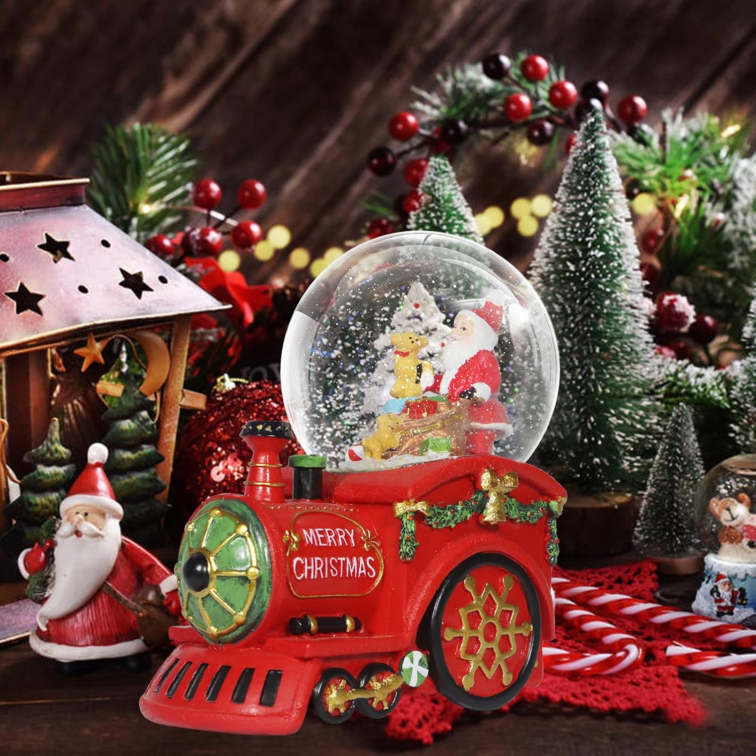 Christmas Snow Globe,Musical Water Globe with 8 Music & Colourful Lights,100mm Holiday Glitter Globe,Christmas Home Decoration,Xmas Gifts for Kids(Train)
