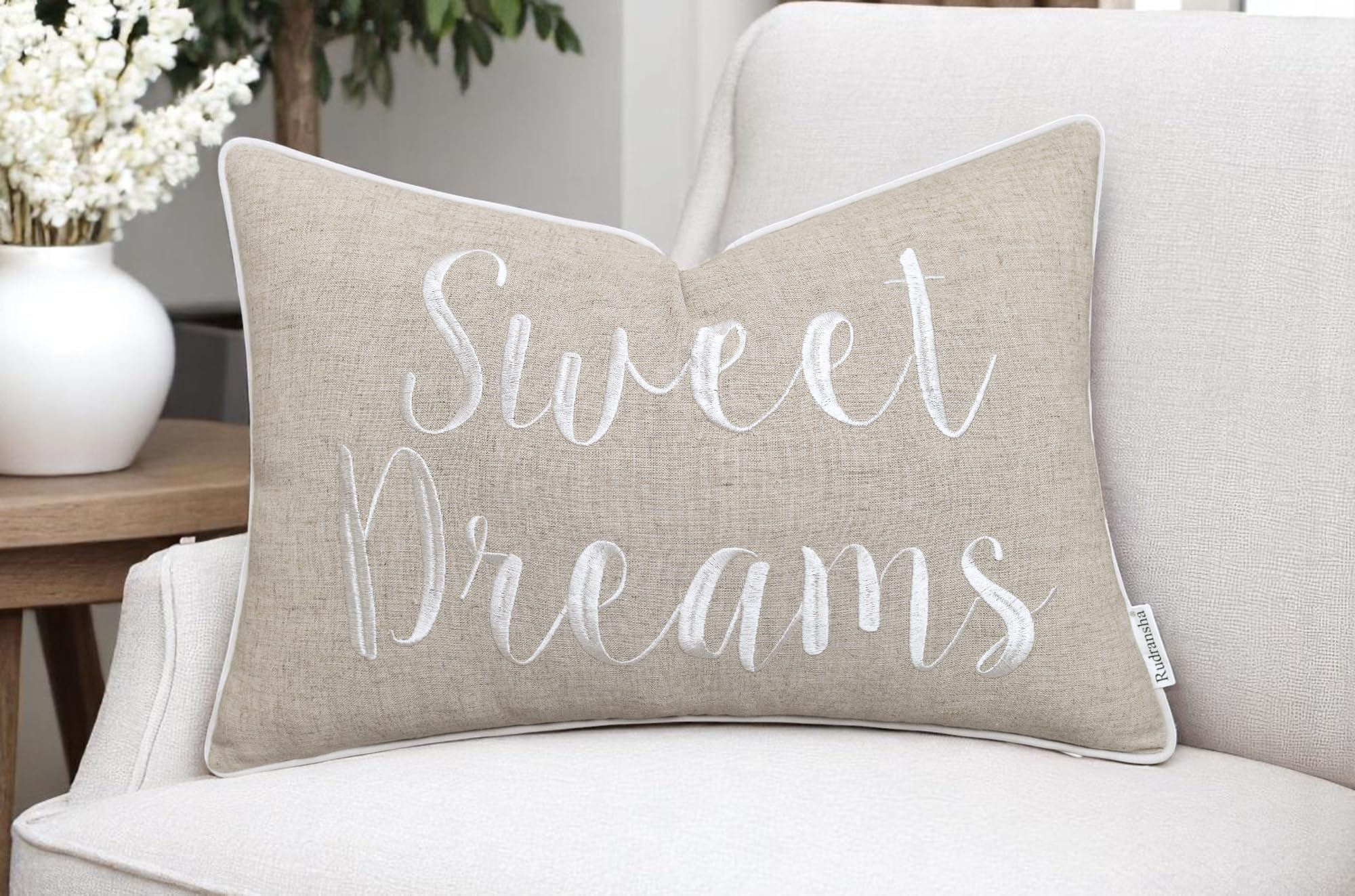 Rudransha 12x18 Sweet Dreams Lumbar Pillow Cover - Embroidered Statement Throw Pillowcase - Decorative Cushion for Bed, Sofa, Nursery, Reading Nook - Dreamy Bedroom Accent - Natural