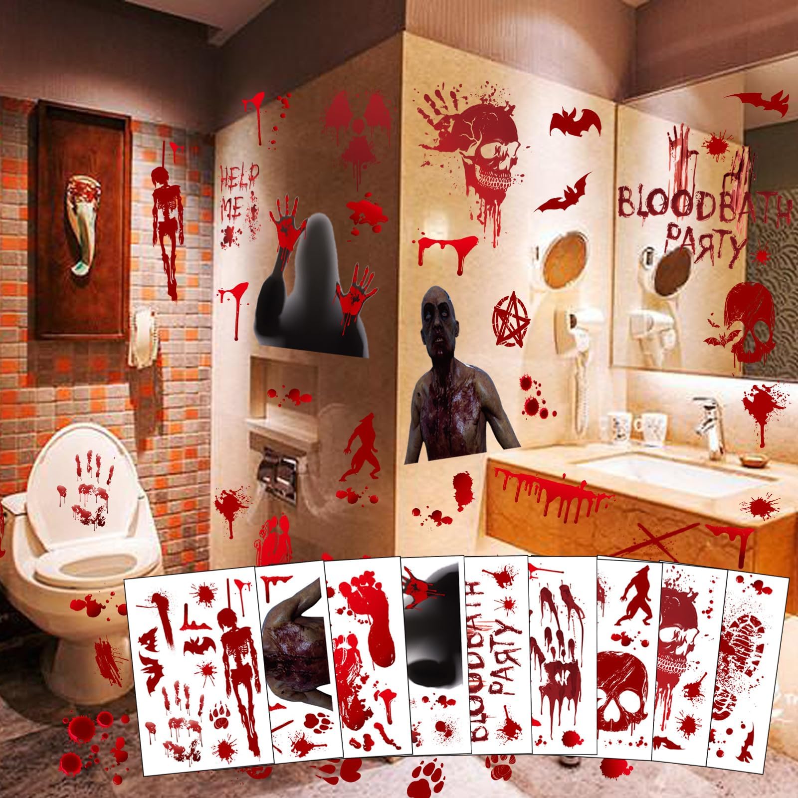 MSQ73 Pcs Halloween Bloody Window Stickers Removable Handprint Footprint Decals Floor Clings for Halloween Party Decorations Horror Halloween Window Stickers 9 Sheets