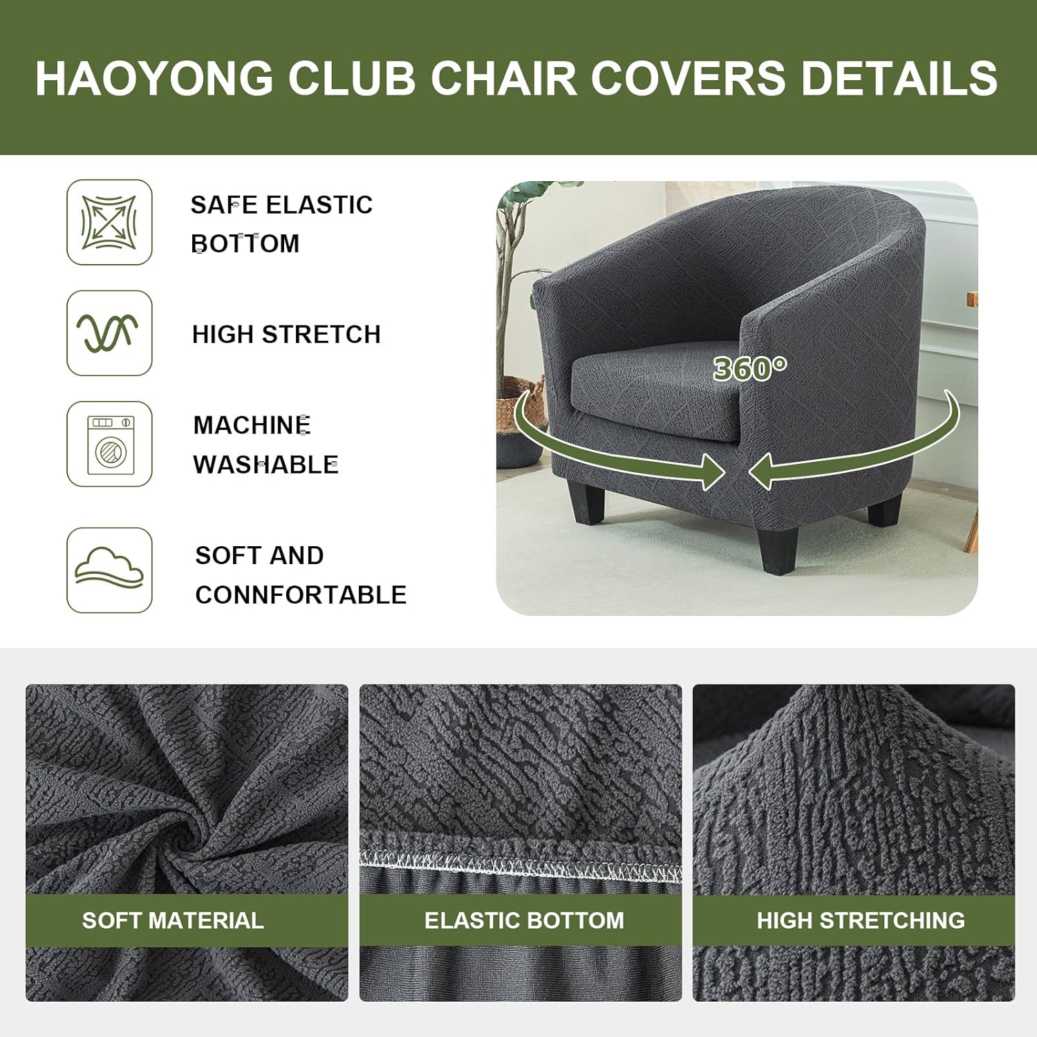 HAOYONG 2 Piece Club Chair Slipcover Stretch Barrel Chair Covers Solid Tub Chair Slipcovers Soft Round Armchair Covers Removable Couch Furniture Protector Cover for Living Room