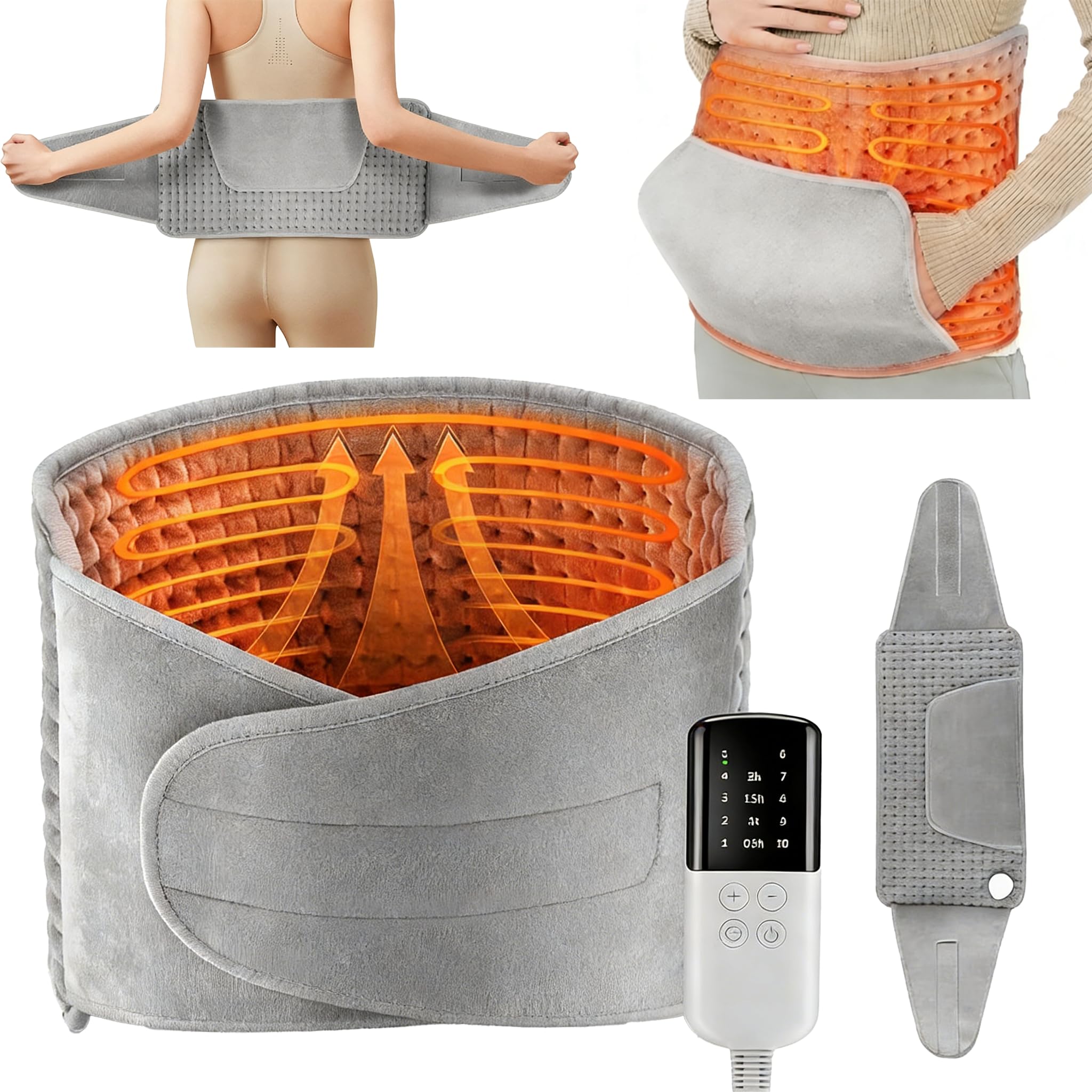 Cojín de Calentamiento Eléctrico, Correa de Calentamiento Lumbar Inalámbrico, Cojín de Calentamiento de Máquina Lavable en 40 ° C a 60 ° C, 125x30cm Gris
