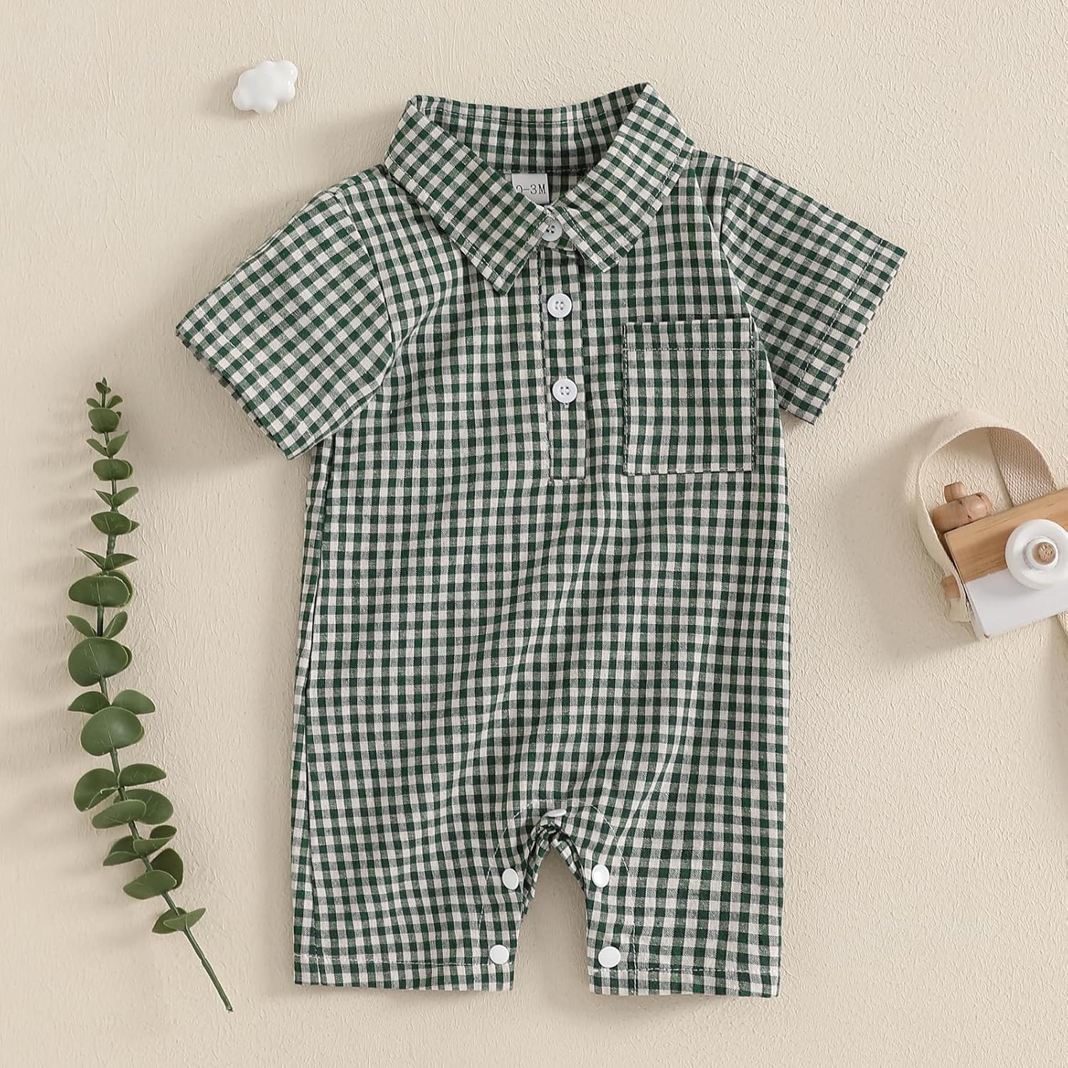 Karuedoo Newborn Baby Boy Clothes Gingham Short Sleeve Collared Romper Jumpsuit Plaid Button Down Bodysuit Summer Outfit - Image 3