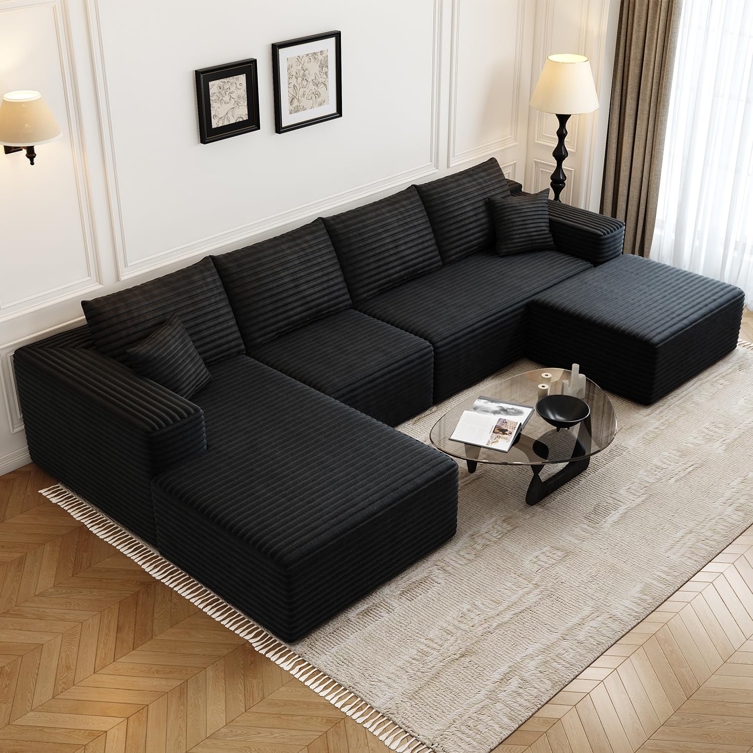 135.4" cloud modular sectional couch with 1 ottoman,modern minimalist upholstered couches, comfort u shaped sofa for living room,deep seat corner couch?no assembly required (black,left facing chaise) (incomplete) 