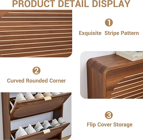 Vista 47 de Armario estrecho de almacenamiento de zapatos con 3 cajones abatibles, armario de madera para zapatos con cajón de puertas de lino, organizador