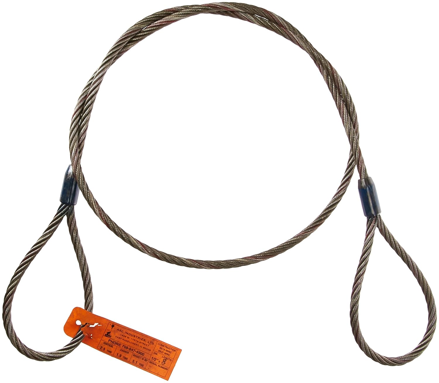 ASC 04SM2208081F Carbon Wire Rope Sling, Eye and Eye, 6 x 19 IWRC, 1/2