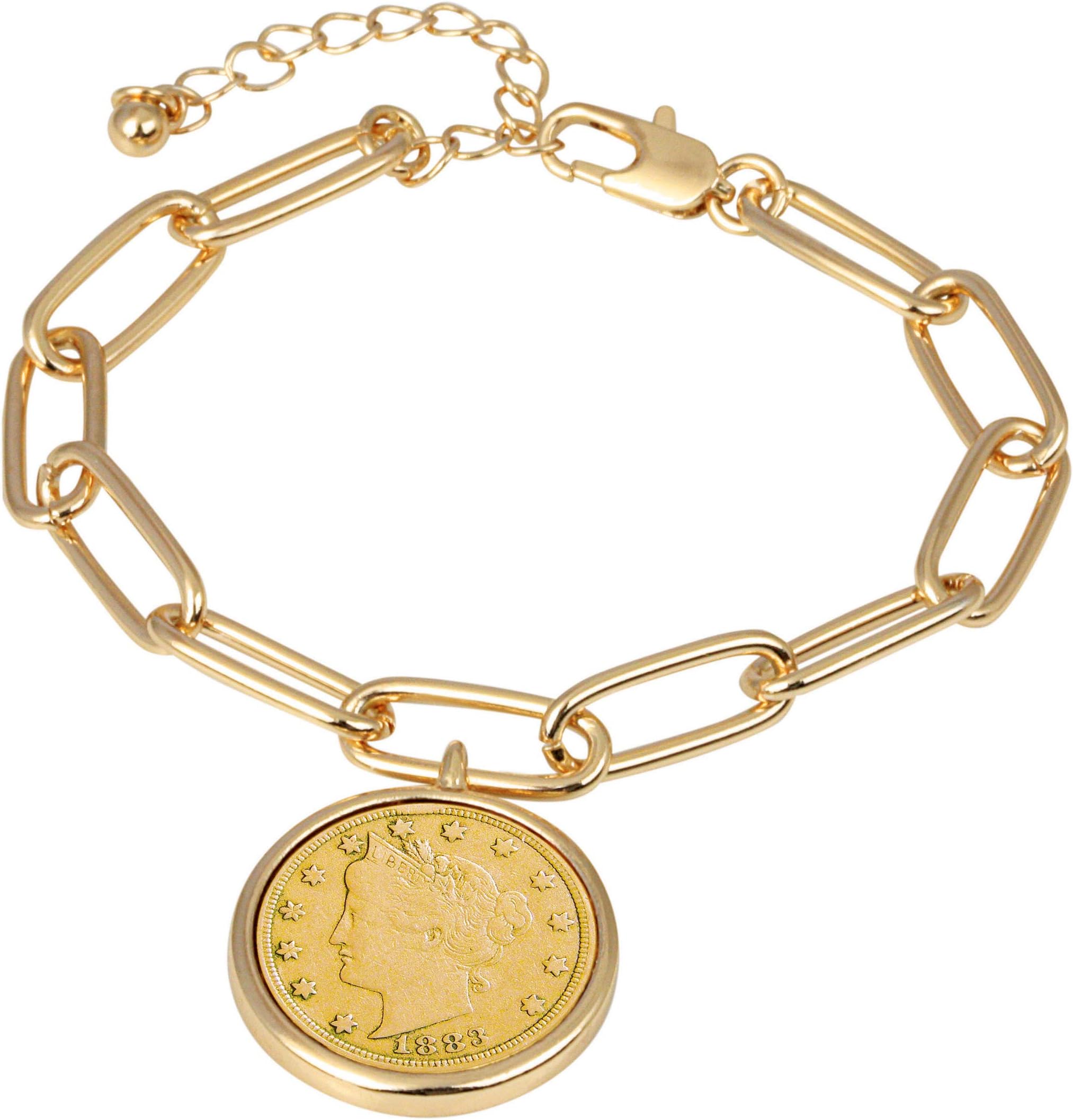 Liberty Nickel Gold-Layered Coin Elongated Link Bracelet | Goldtone Clip Style | 7 Inch 3 Inch Extender with Lobster Claw Clasp | Certificate of Authenticity, 7", Metal, no