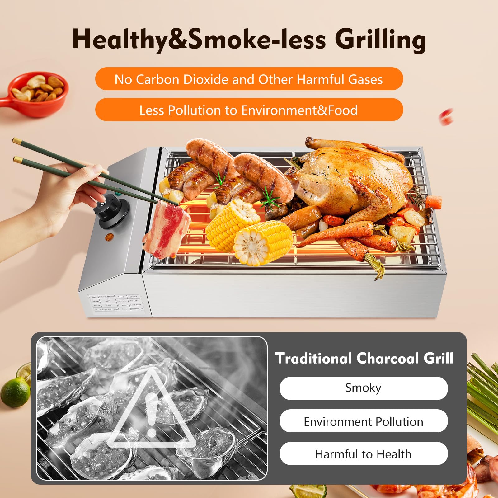 Parrilla eléctrica comercial de 1800 W, tubo de calefacción en forma de U de temperatura ajustable, parrilla superior plana, parrillas de placa caliente antiadherentes, parrilla portátil de 6