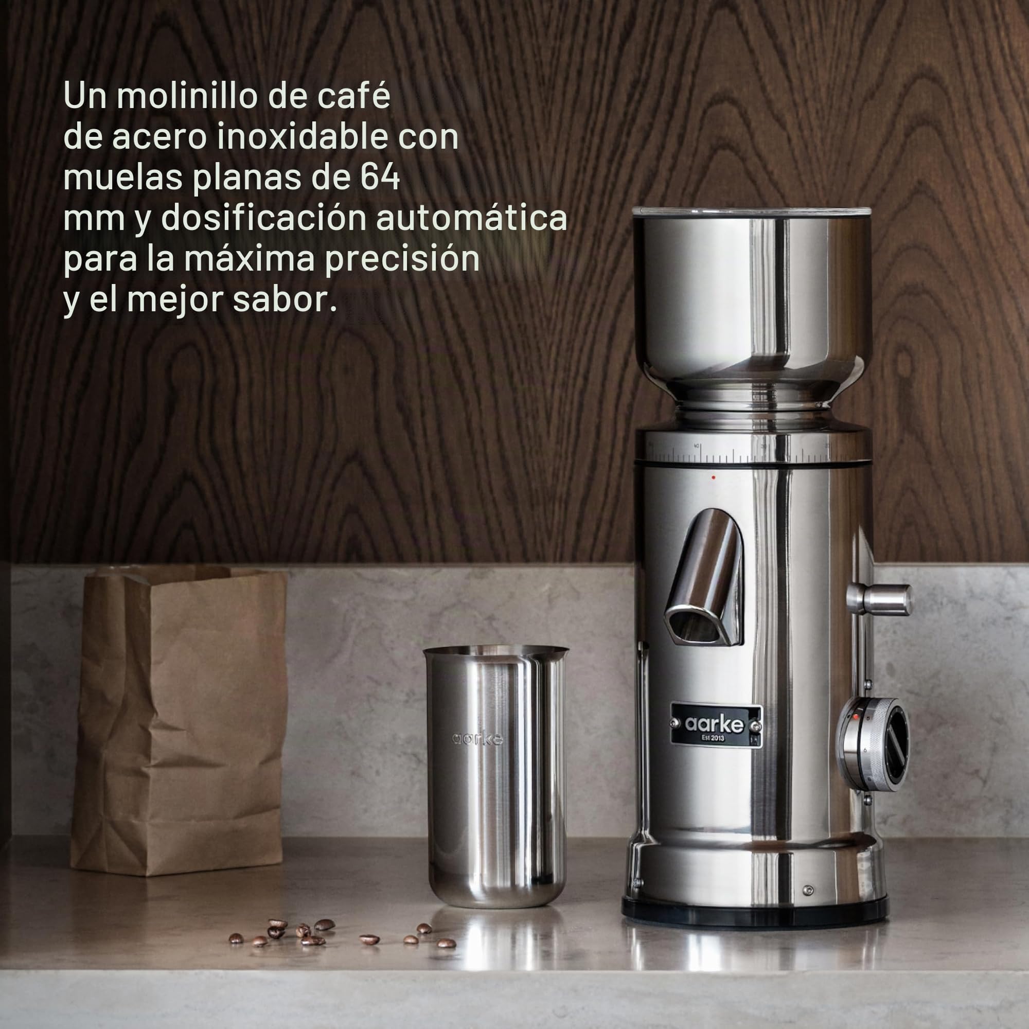 Molinillo de café eléctrico Aarke: molinillo de café de acero inoxidable con nivel de molienda ajustable, discos de molienda de 64 mm, dosificación automática y función de memoria, para espresso.