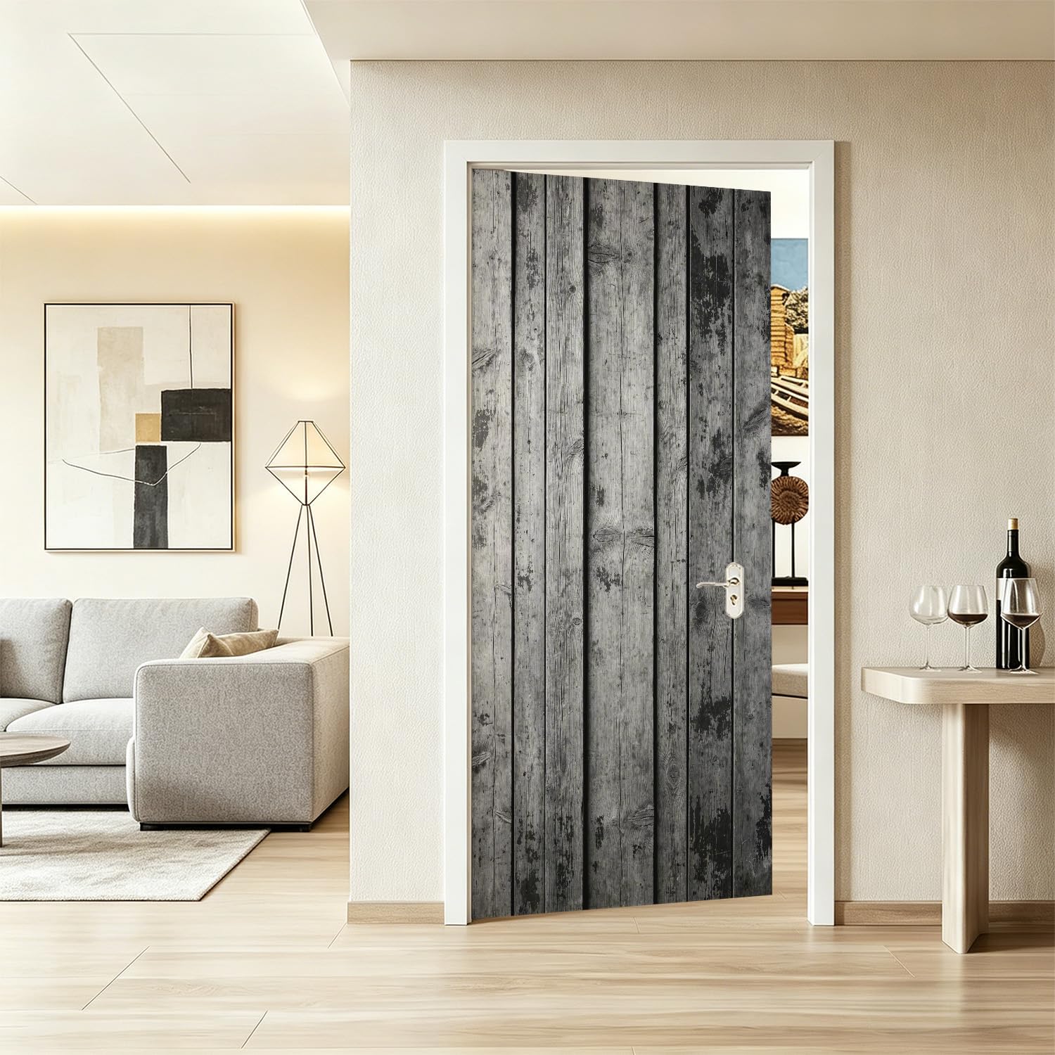 Sticker Porte Trompe l'oeil Effect 3D Panneau de Bois Industriel Autocollant de Porte Campagne Rustique Auto-adhésif Papier Muraux PVC étanche pour Salon Chambre 100x200 cm f-567