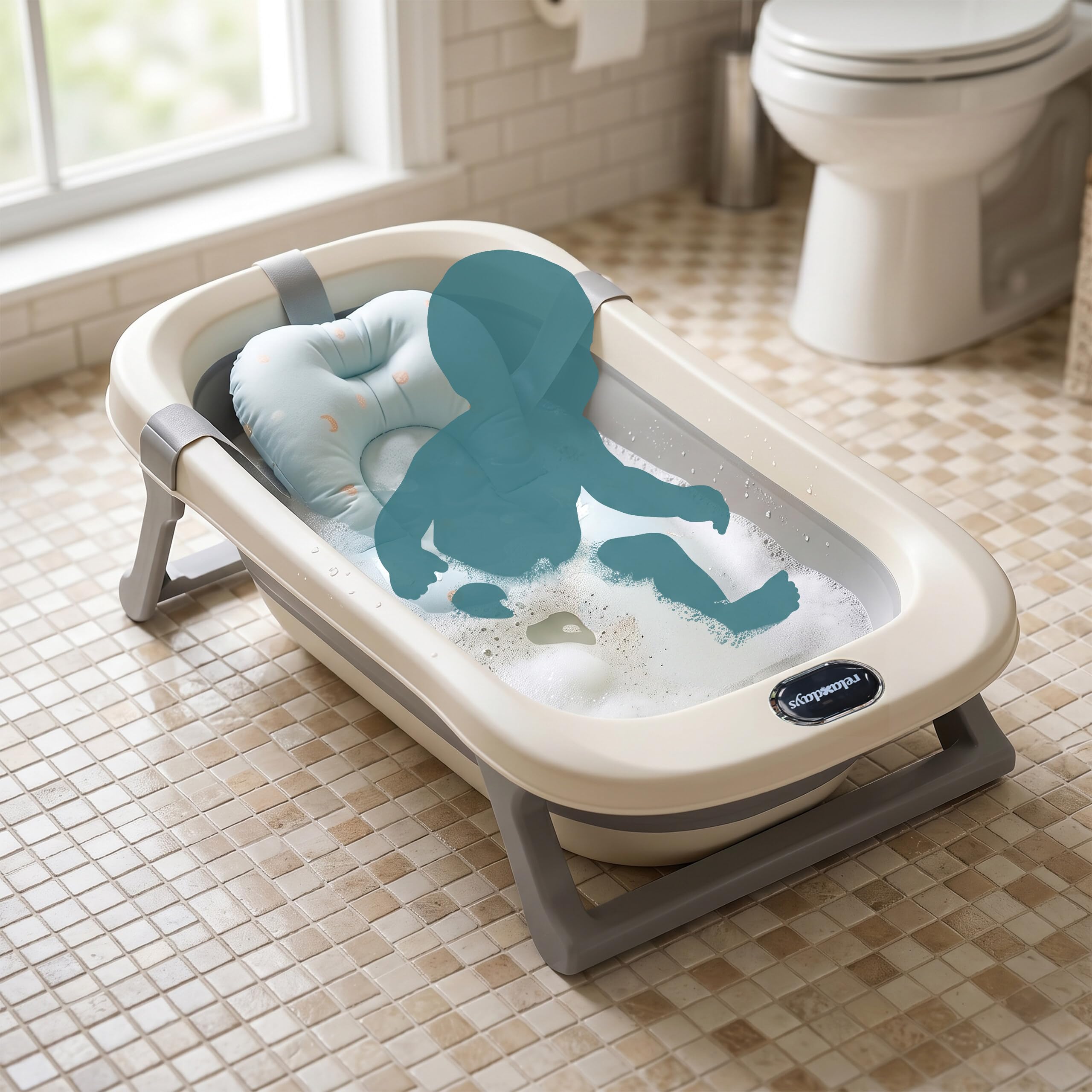Relaxdays Babybadewanne faltbar, mit weichem Kissen, Babywanne, creme/grau
