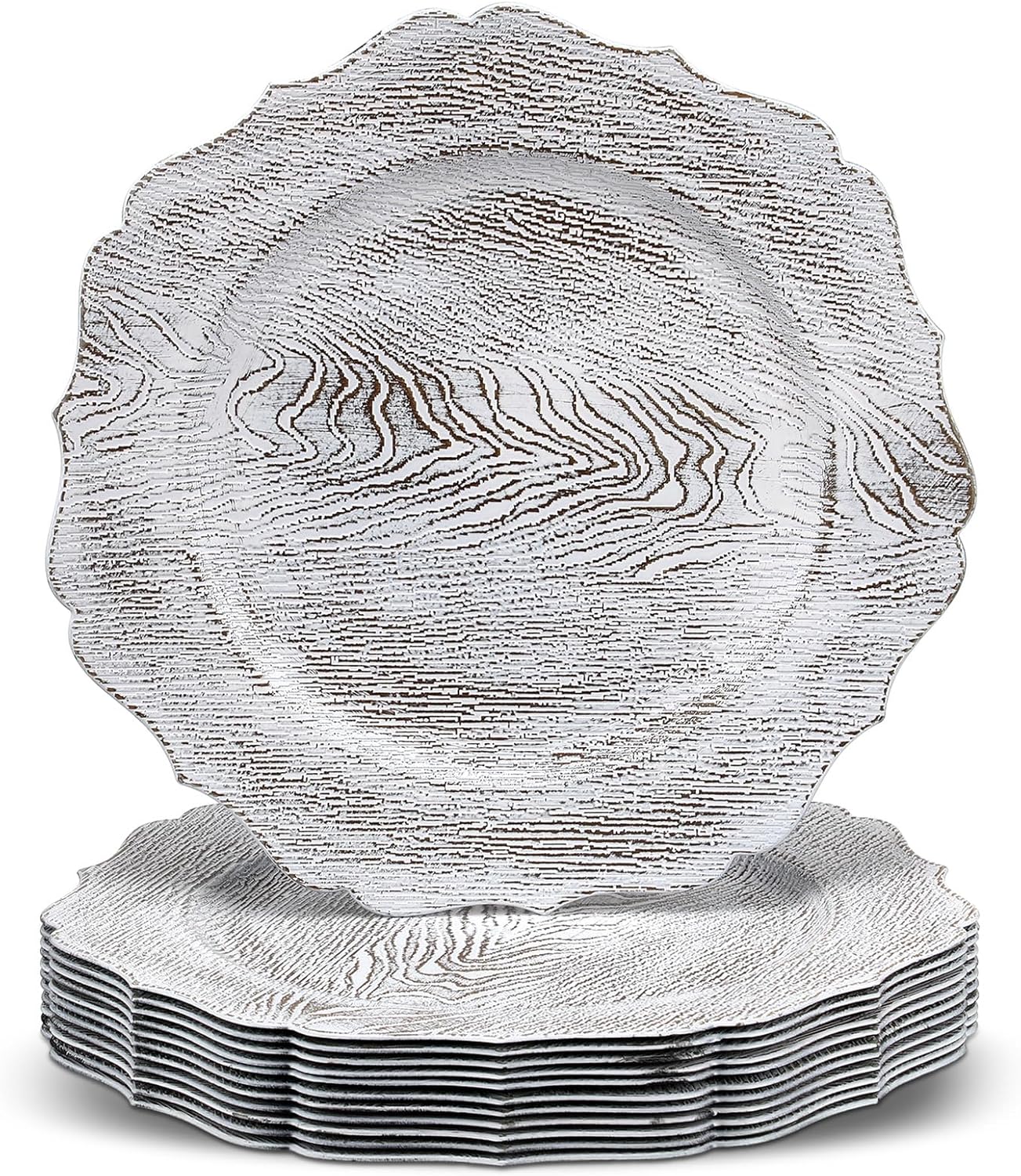 Mifoci 12 Pcs 13" Rustic Brown Wooden Textured Acrylic Chargers Plates with Scalloped Rim Round Faux Wood Chargers for Dinner Plates for Fall Thanksgiving Day Wedding Party Table Decor