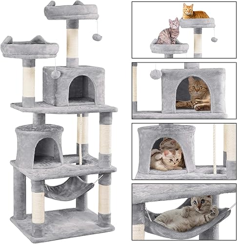 Miniatura 4 de Topeakmart Árbol de gato de 62.2 pulgadas con condominios dobles, postes de rascado y hamaca, gatito Centro de actividad para gatitos Play House