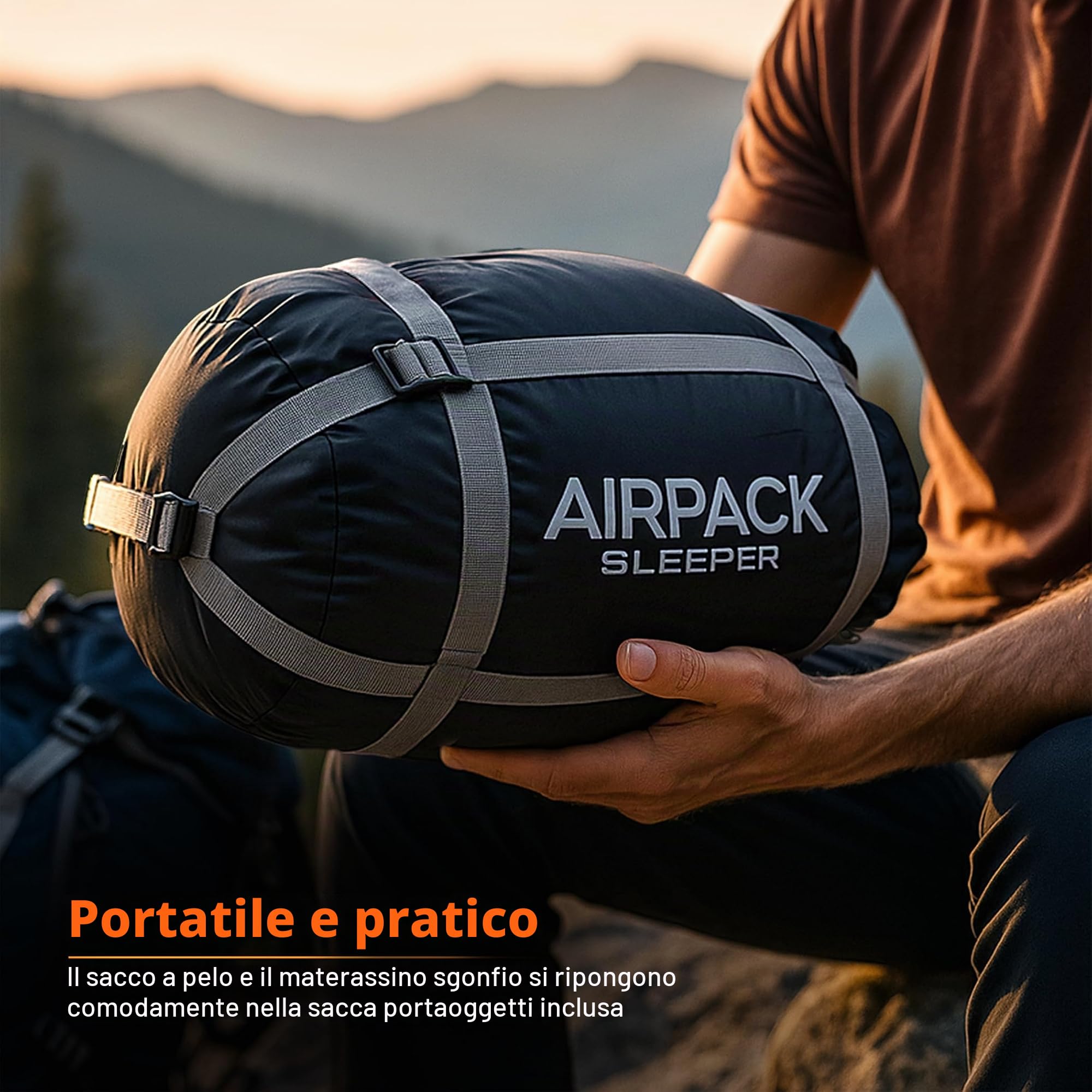 Sacco a pelo con imbottitura integrata (AirPack Sleeper) – materassino gonfiabile tutto in uno e coperta con cerniera per campeggio con pompa a pedale integrata (nero/verde) 203 x 76 cm