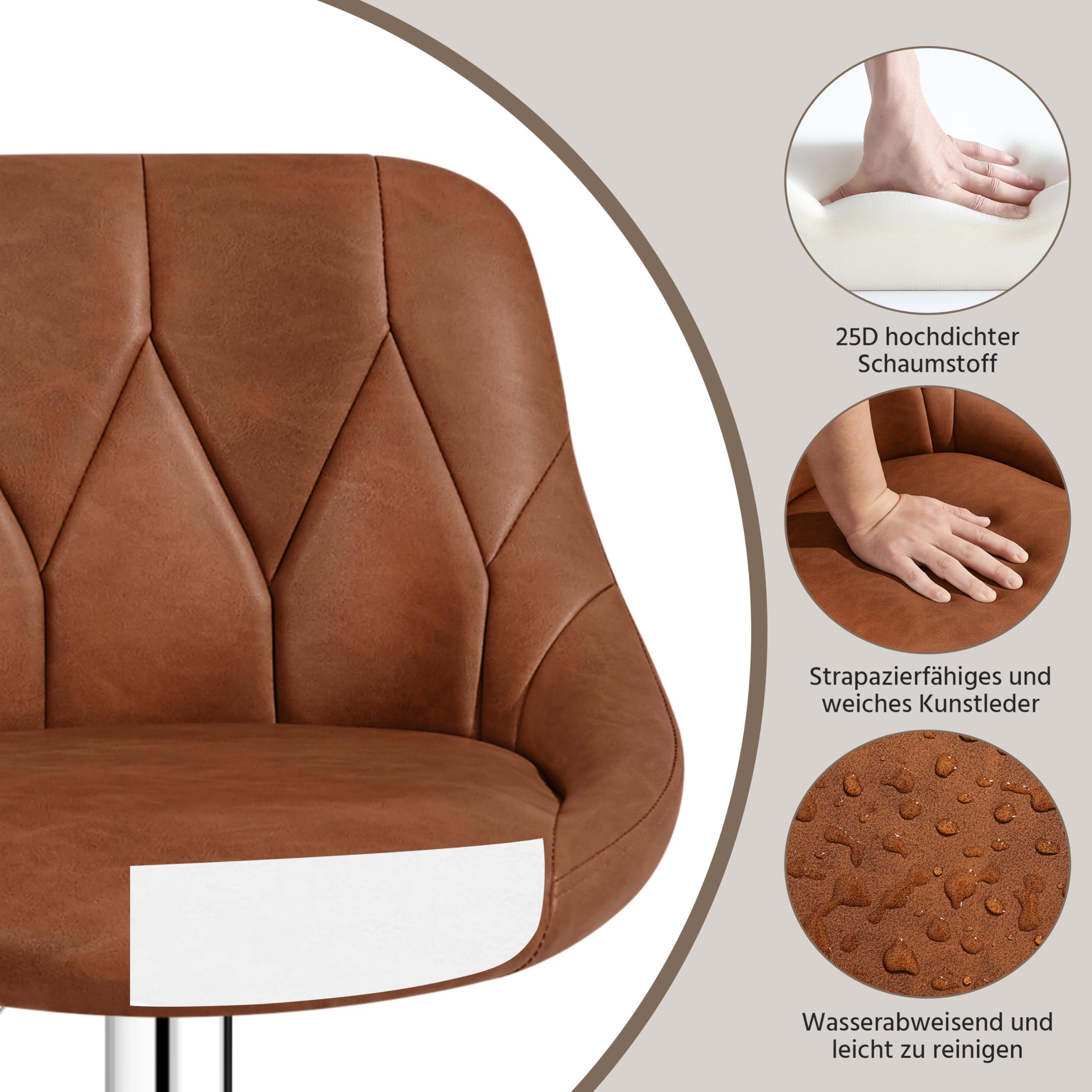 Yaheetech Barhocker 2er Set höhenverstellbarer Barstuhl 360° drehbarer Tresenhocker Polsterhocker mit Kunstleder für Küche/Bar/Salon/Esszimmer, braun