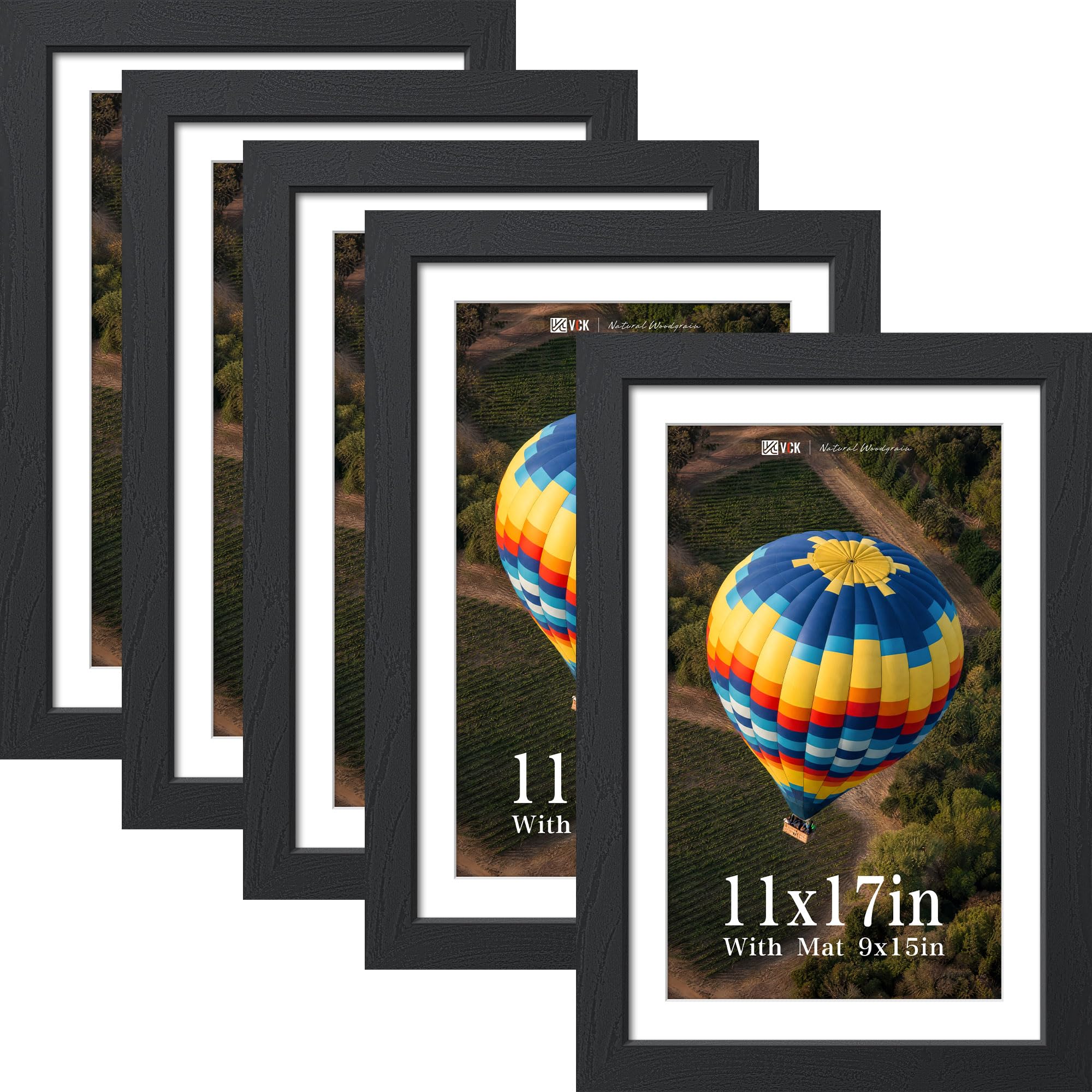 VCK 11x17 Picture Frame 5 Pack, Black Exclusive Wood, Real Glass, for Print