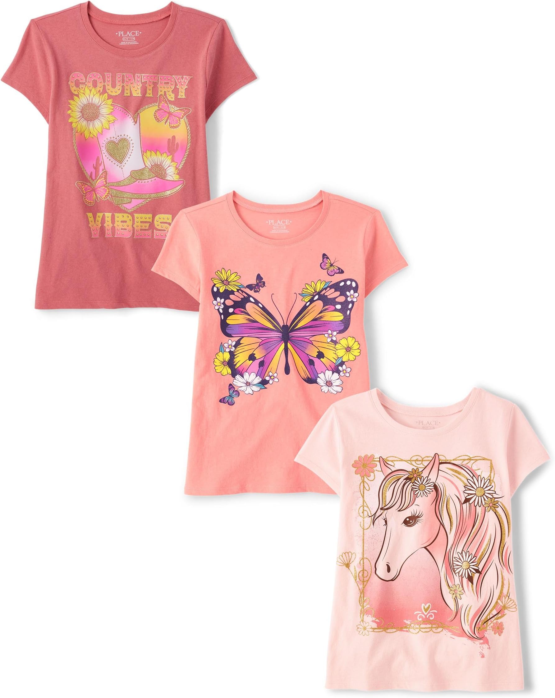 The Children's Place Girls' Unicorns,Butterfly Short Sleeve Graphic T-Shirts,3 Pack