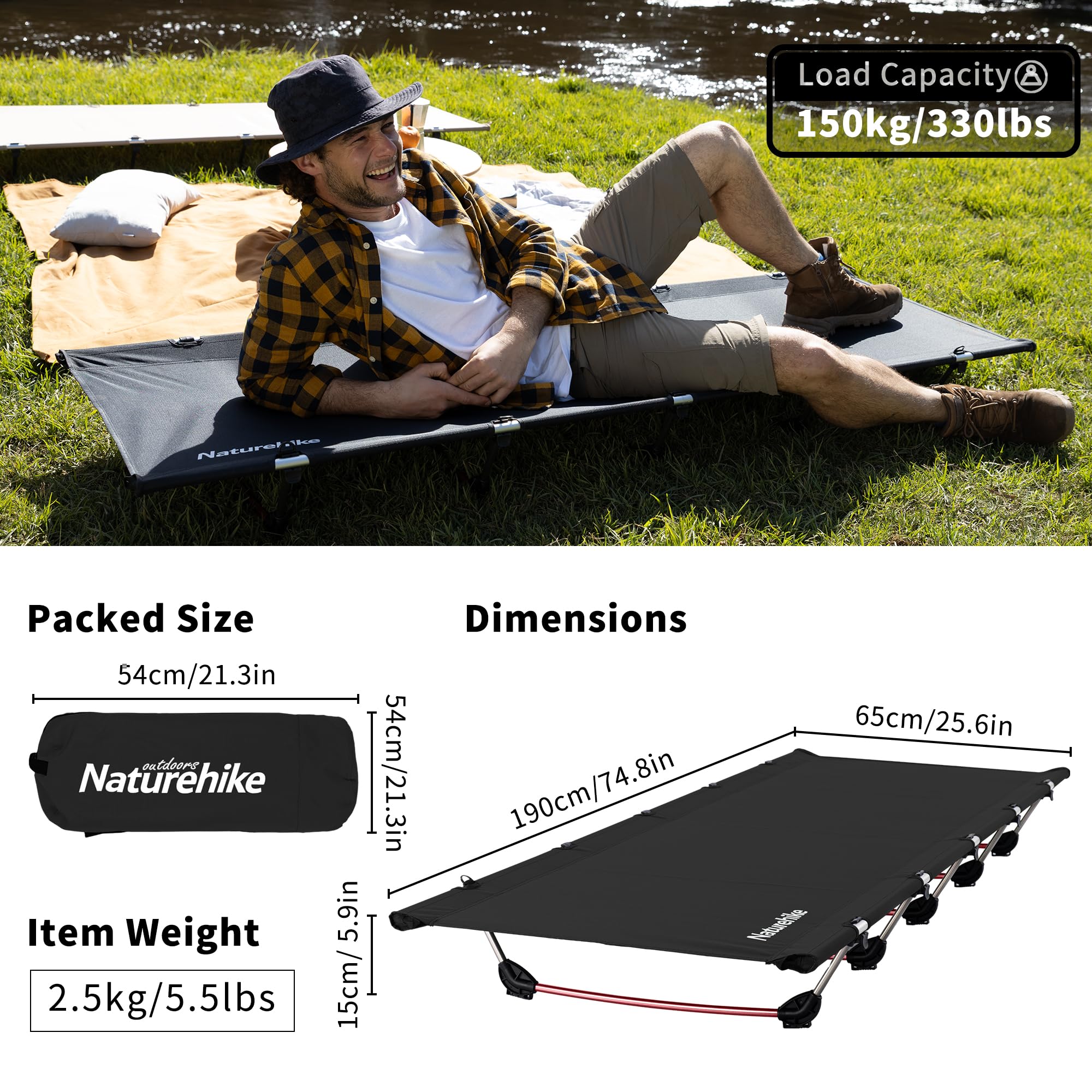 Naturehike Lit de Camp Pliable,Ultra Léger Compact Portable Solide et Durable Sac de Transport pour Randonnée,Voyage,Pêche,Matelas Gonflable,Charge Maximal 150kg pour Adultes