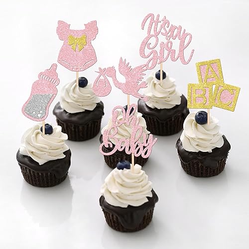 Miniatura 29 de 30 piezas de decoración de cupcakes para baby shower, vestido con lazo con purpurina, biberón para cupcakes "It's a Girl", decoración de pasteles