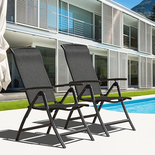 Domi - Juego de 2 sillas plegables reclinables para exteriores, con reposabrazos ajustable, respaldo alto, silla portátil