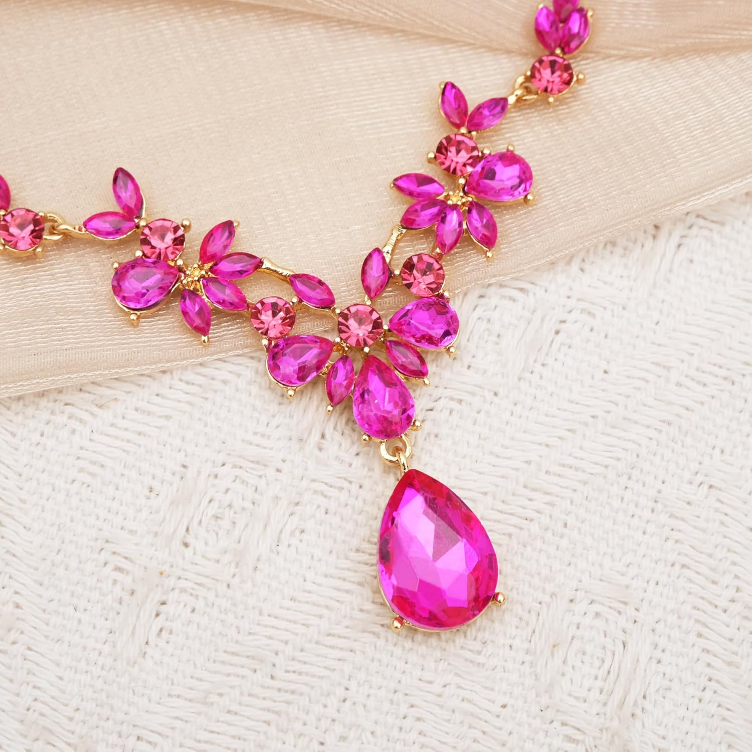 Wedding Jewelry Set for Women Bridal Floral Necklace Dangle Earrings Bracelet Set Crystal Prom Party Costume Accessories for Bride #0015