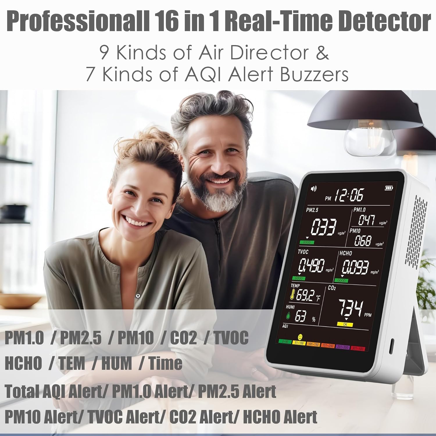 Professional Indoor Air Quality Monitor with AQI Alerts, Portable Real-Time Detector for Home, Car, Plants & Pet
