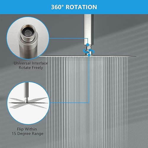 Miniatura 4 de Lordear Cabezal de ducha cuadrado de 12 pulgadas, cromado, ultradelgado, de acero inoxidable 304, con ajuste de lluvia, cobertura de cuerpo completo