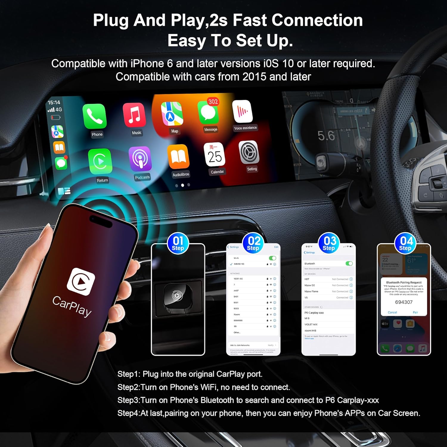 2025 Upgraded Wireless Carplay Adapter for iPhone, Plug&Play Auto-Connected Carplay Wireless Adapter Stable Fit for Cars-No Latency, BT5.3 CarPlay Dongle for Apple iPhone iOS 10+,Black