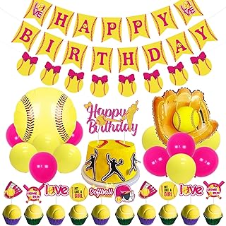 JOYMEMO Softball Birthday Decorations for Girls, Fast Pitch Happy Birthday Banner Cake Topper, Gloves Foil Balloons Pink and Yellow, Sports Fast ball Party Supplies