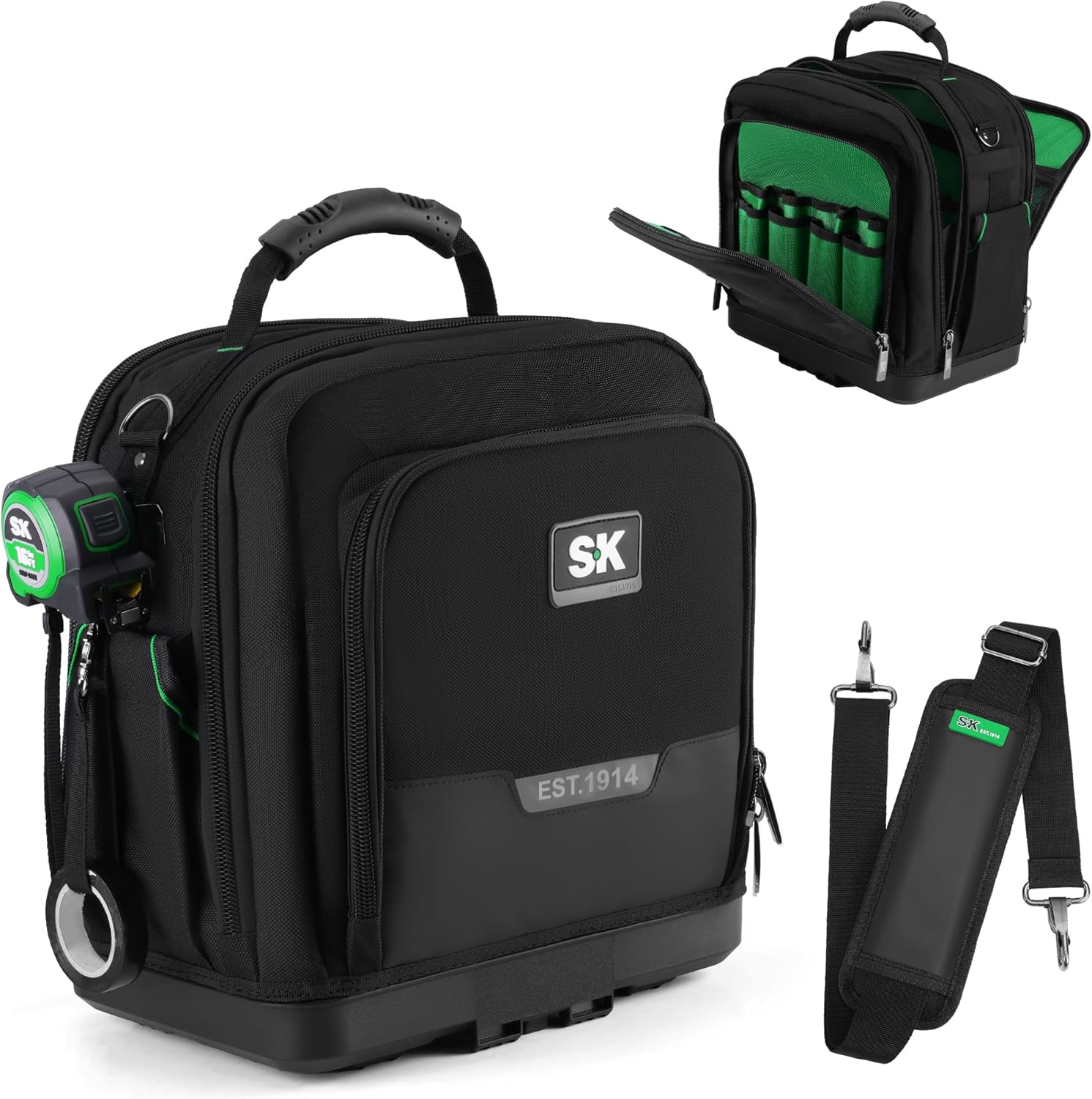 SK 15-Inch Tool Bag, Heavy Duty 1680D Tool Bag Organizer with 24 Pockets, Tape Measure Holder, Padded Shoulder Strap & All-Terrain Waterproof Bottom, Gift for Men, Electrician, Mechanic, Carpenter