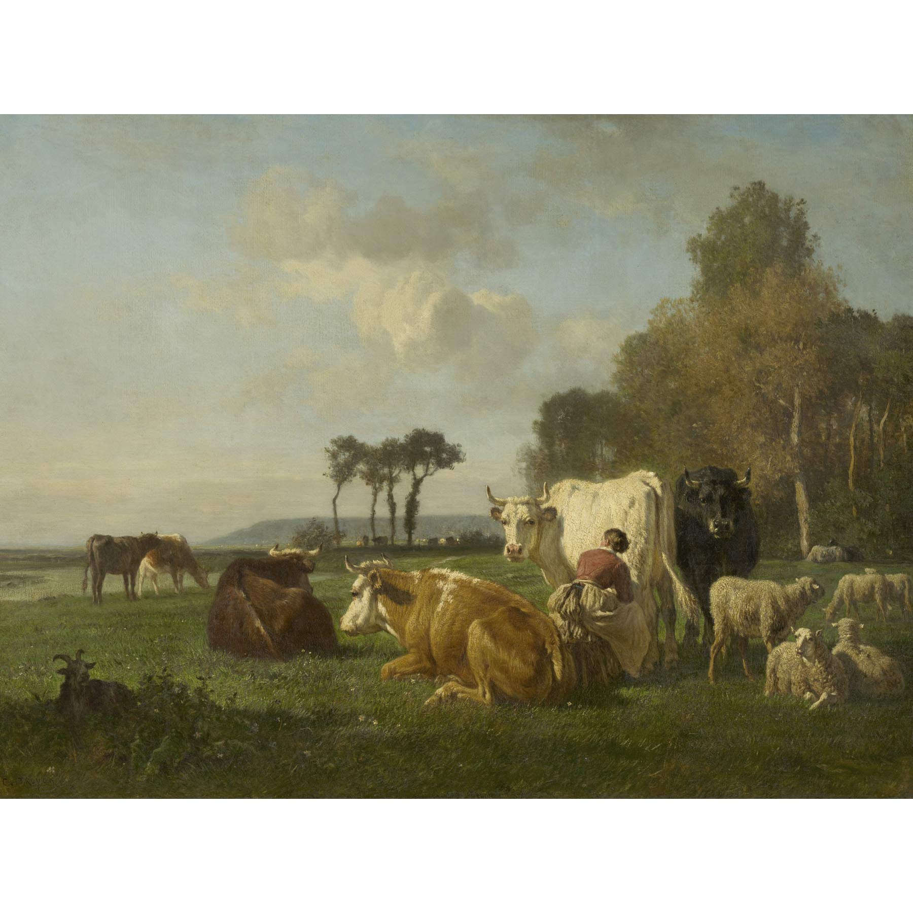 Artery8 Constant Troyon Cattle And Sheep In A Landscape Painting Premium Wall Art Canvas Print 18X24 Inch
