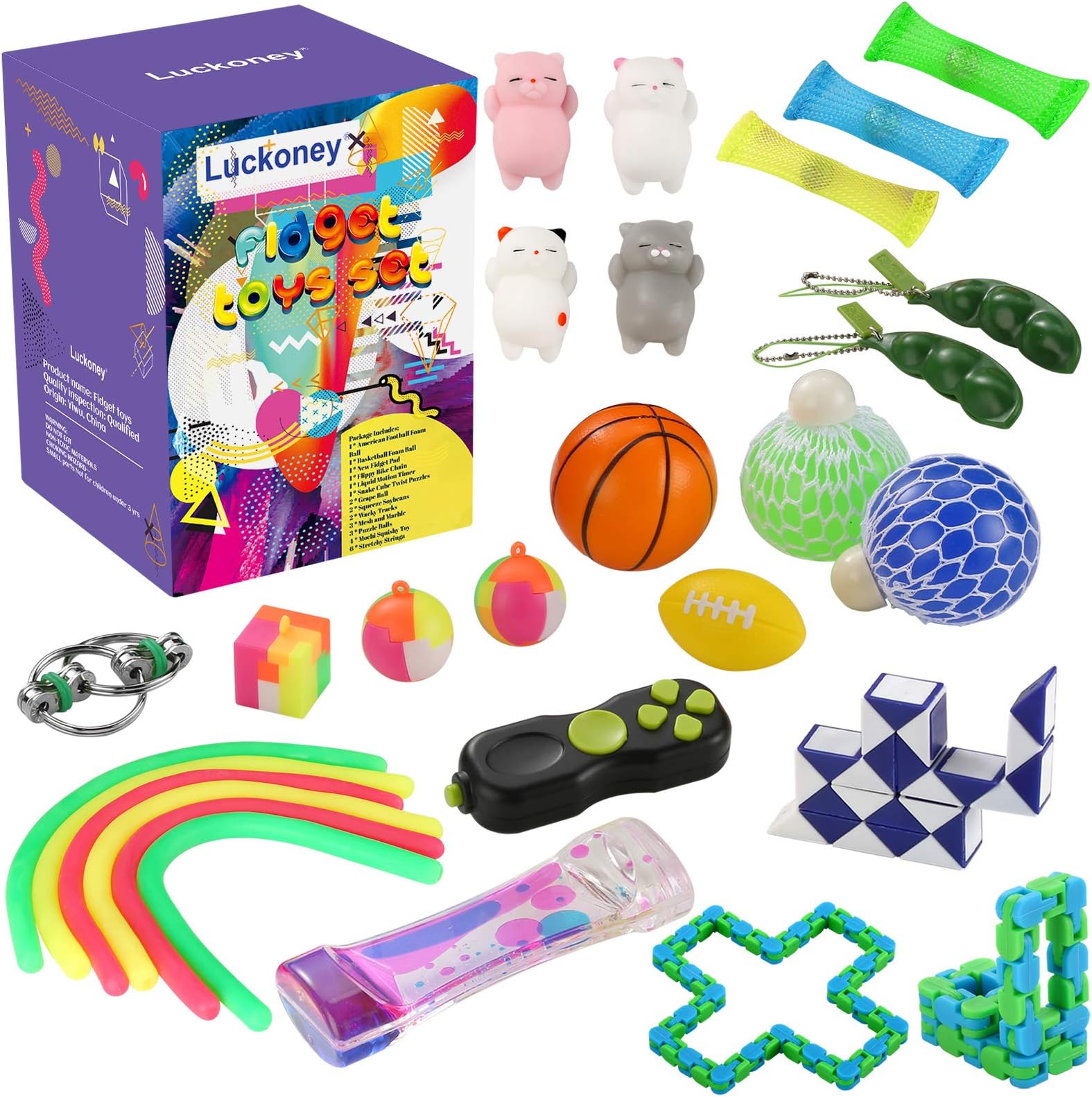 28 Pack Sensory Fidget Toys Set Liquid Motion Timer/Grape Ball/Flippy Chain/Stretchy String/Squeeze-a-Bean Soybeans/Slime/Mesh & Marble/Mochi Squishy for ADHD Autism Stress Anxiety Relief Adult Kids