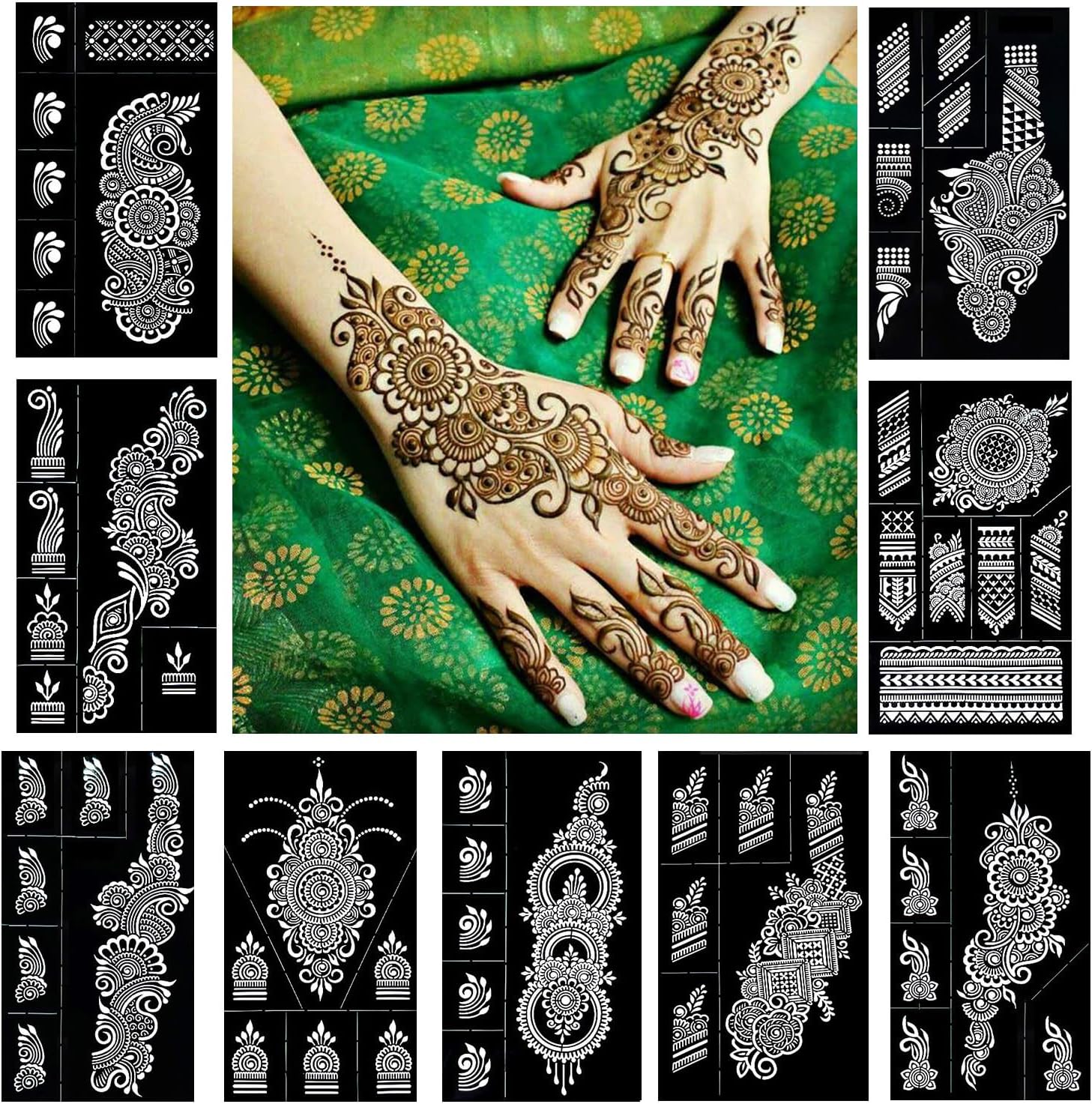 Reusable Henna Tattoo Stencils Kit, Mehendi Stencils for Hands Forearm Glitter Airbrush DIY Tattooing Template,9 Sheet Indian Temporary Tattoo Stickers for Women Girls（8.2" x 4.7"）