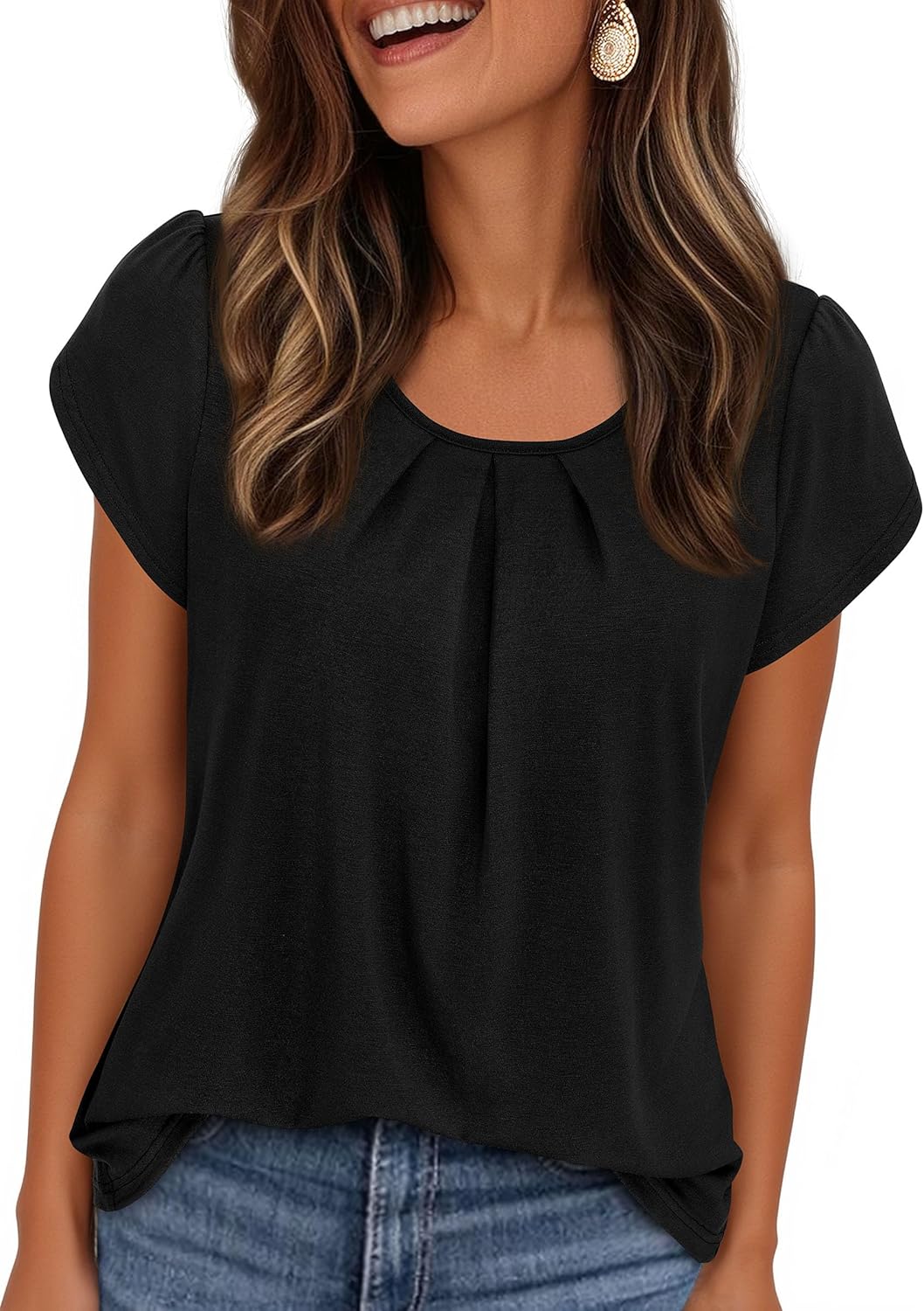 PRETTYGARDEN Womens Tops Dressy Casual Summer 2026 Short Sleeve Blouses Crew Neck Pleated Basic T Shirts Spring Clothes