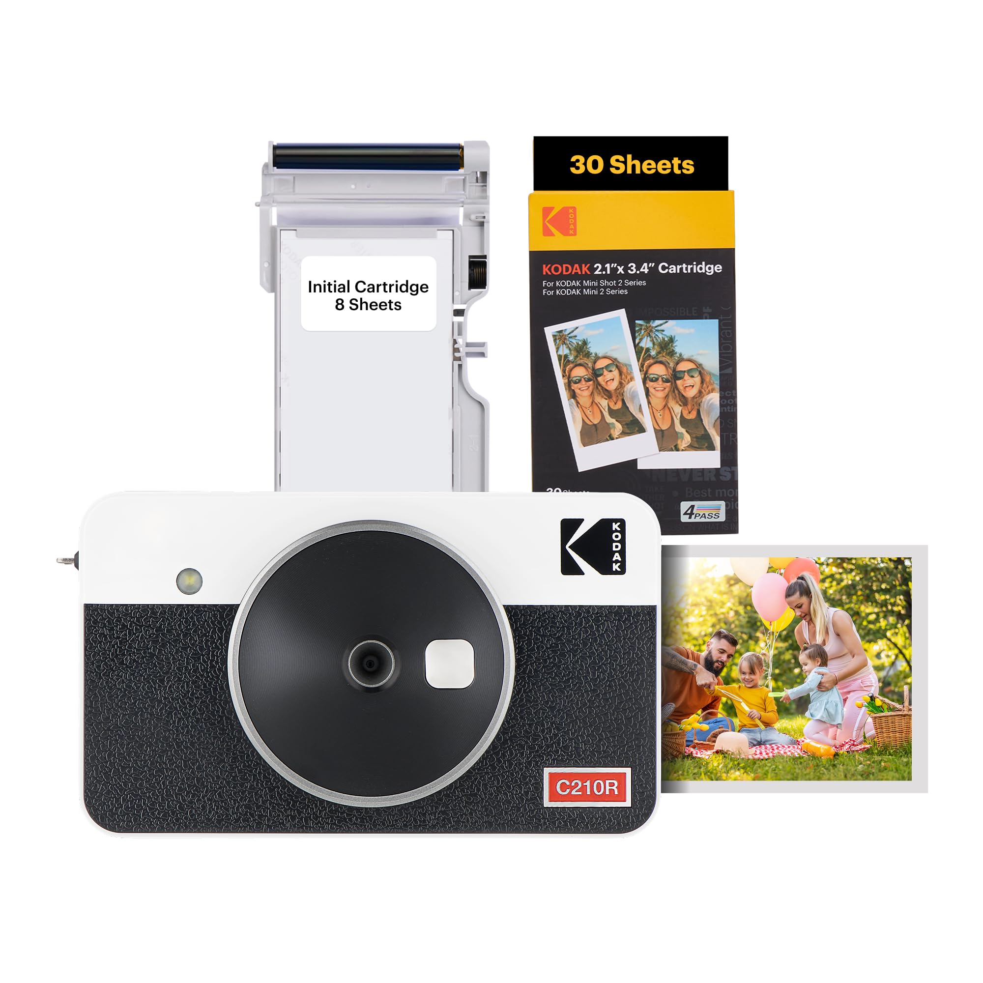 KODAK Mini Shot 2 Retro 4PASS 2-in-1 Instant Digital Camera and Photo Printer (2.1x3.4 inches) Initial 8 Sheets + 60 Sheets Bundle, White