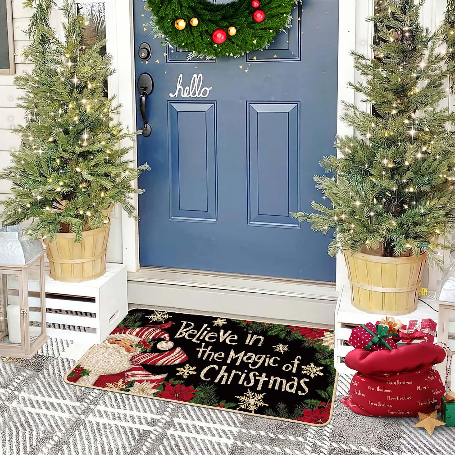 Baccessor Christmas Santa Claus Doormat 17x29 Inch Merry Christmas Snowflakes Front Door Mat for Floor Entryway Hallway Laundry Kitchen Sink Seasonal Winter Xmas Holiday Home Decoration