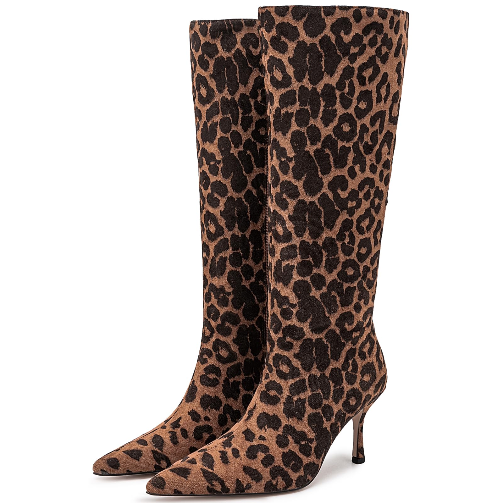 YIYA Women's Leopard Print Kitten Heel Knee High Boots Wide Calf Sexy Pointed Toe Stiletto Mid Heel Dress Party Fashion Long Boots with Side Zipper