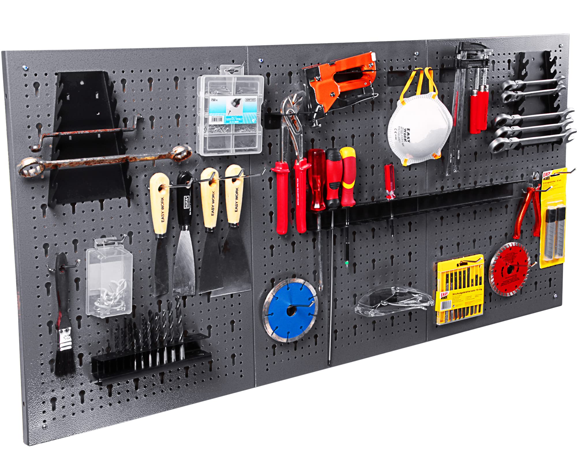 Ondis24 Werkstatt Set Werkstatteinrichtung Werner 240 cm – 2 Werkbänke 120×60×85 cm mit 28 mm Buchenplatte, 6 Lochwände, 22tlg. Haken-Set, abschließbare Türen & Schubladen, höhen