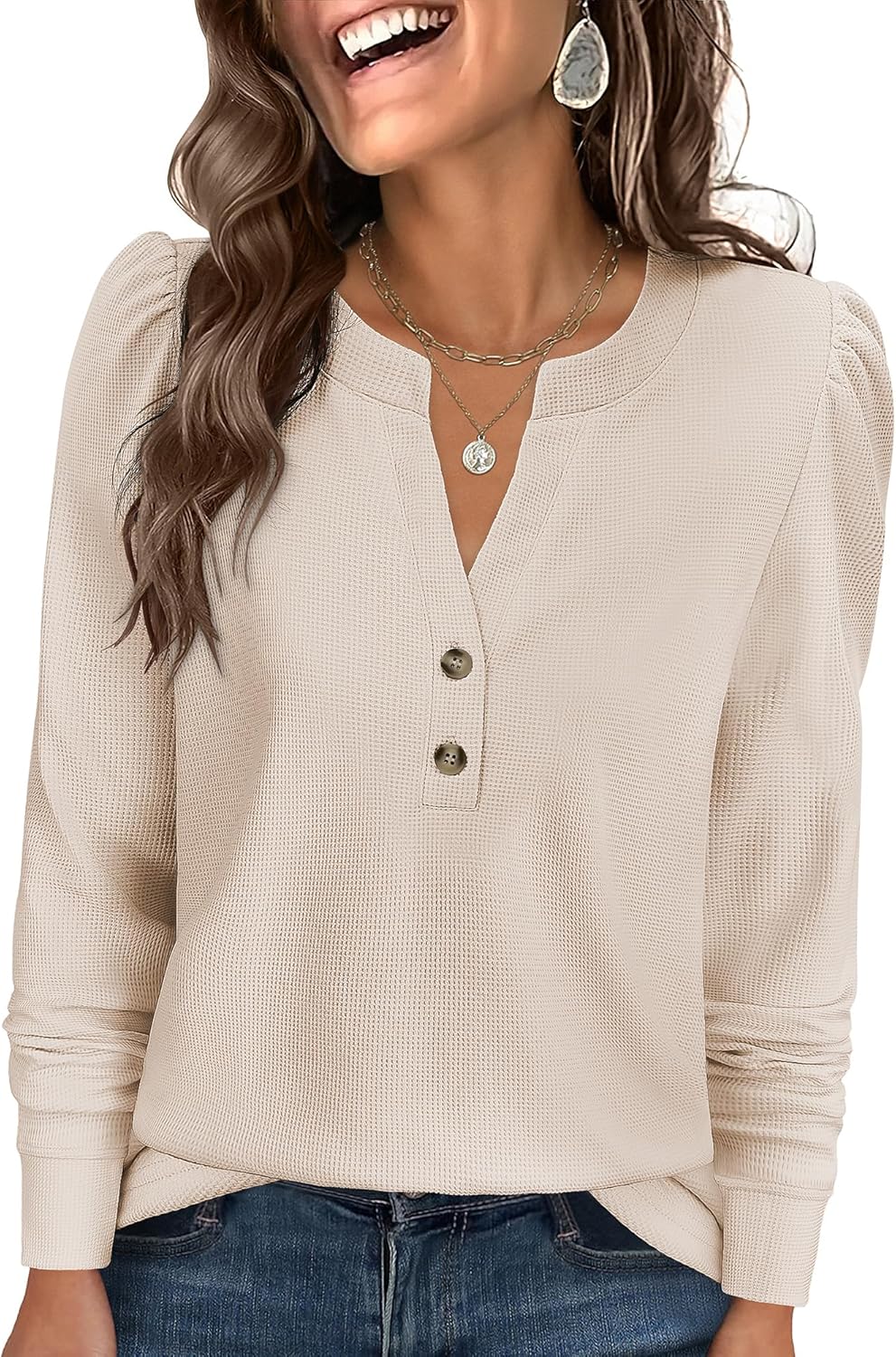 ANRABESS Women's Long Sleeve Henley Tops Waffle Knit Tunics Shirts Dressy Casual Blouses Cute T-Shirts 2025 Fall Outfit