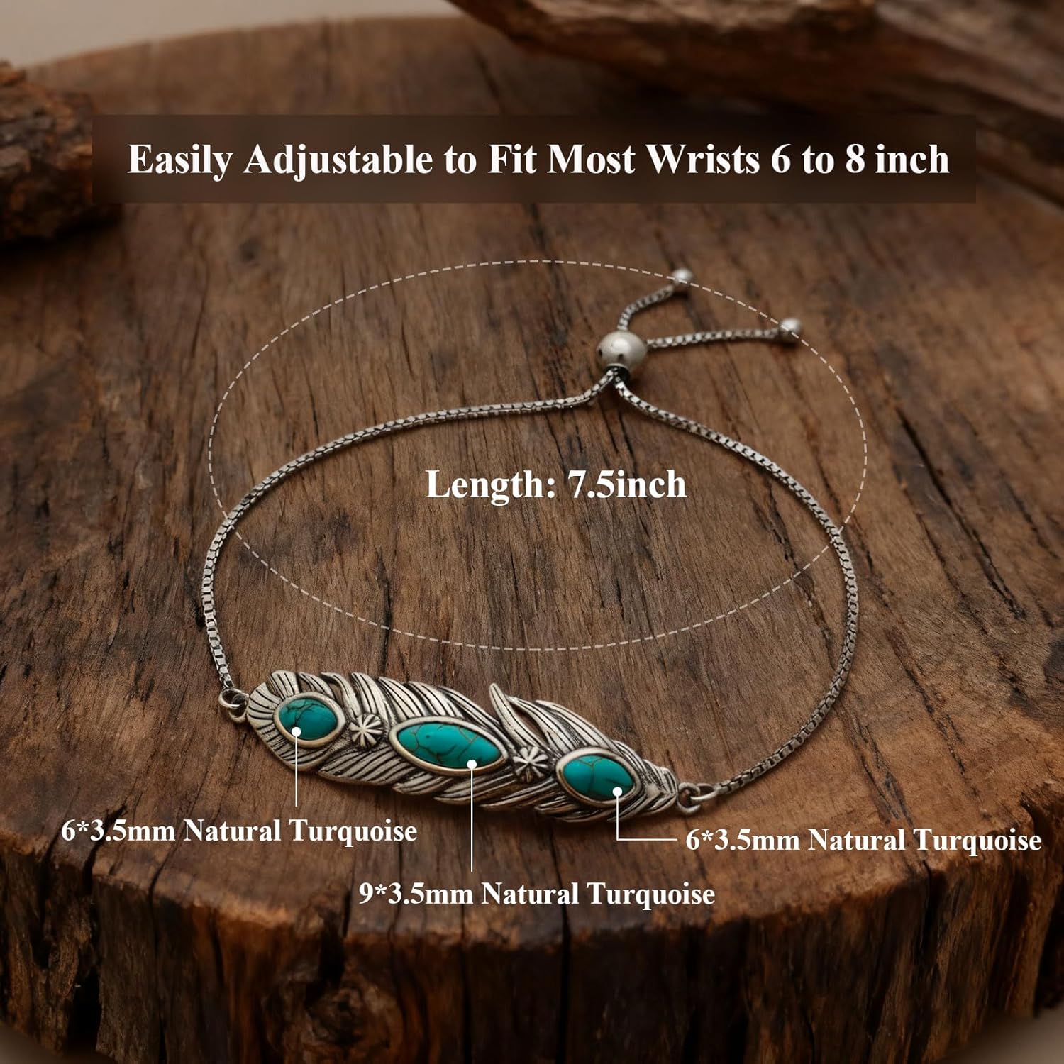 Genuine Turquoise Feather Bracelet for Women 925 Sterling Silver Native American Real Turquoise Adjustable Boho Bracelets 6 to 8 Inch - Image 6