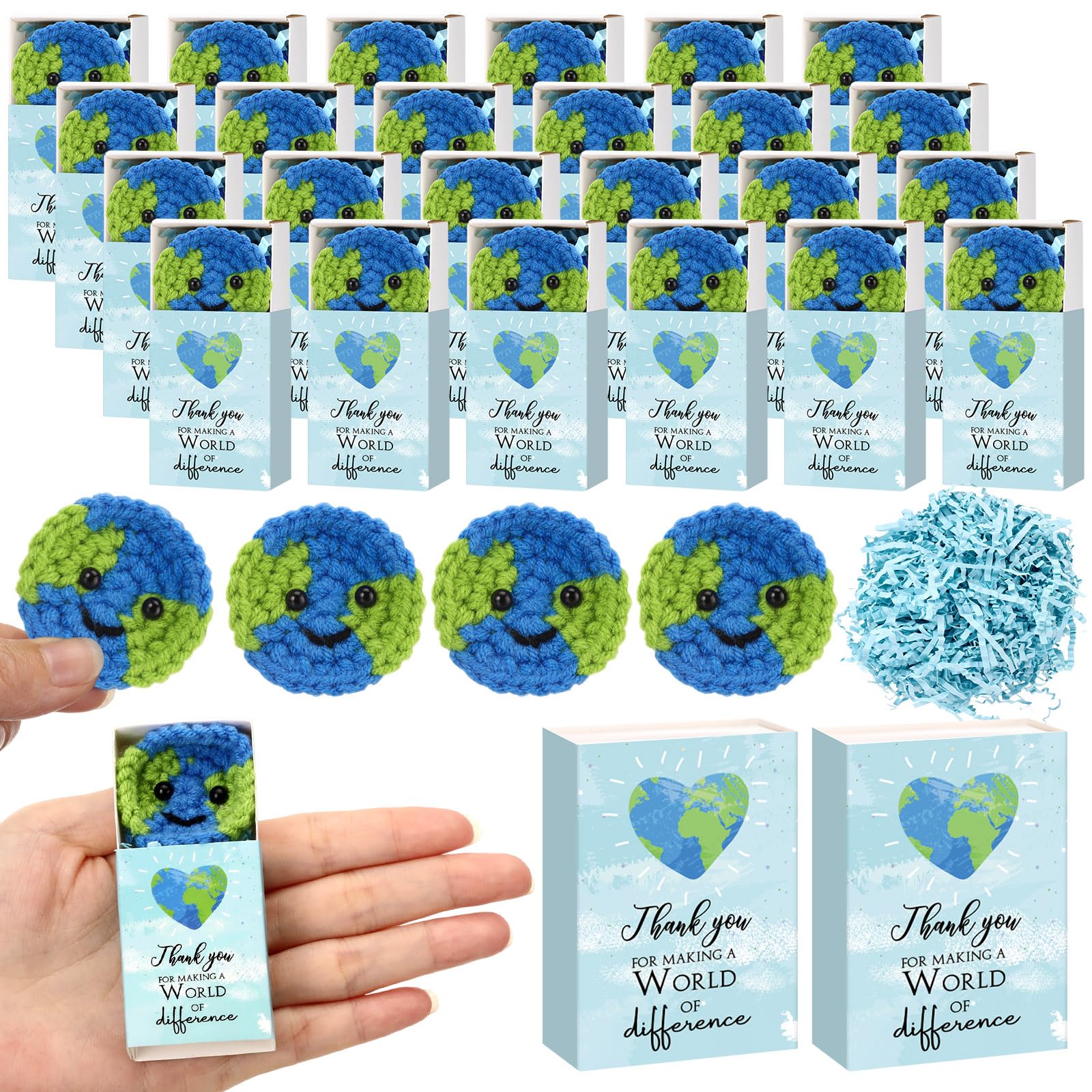 Wettarn 36 Sets Earth Day Gifts Pocket Hug Token Bulk Crocheted Earth with Box Encourage Positive World Environment Day Supplies Reduce Reuse Recycle Gifts for Women Friend Employees