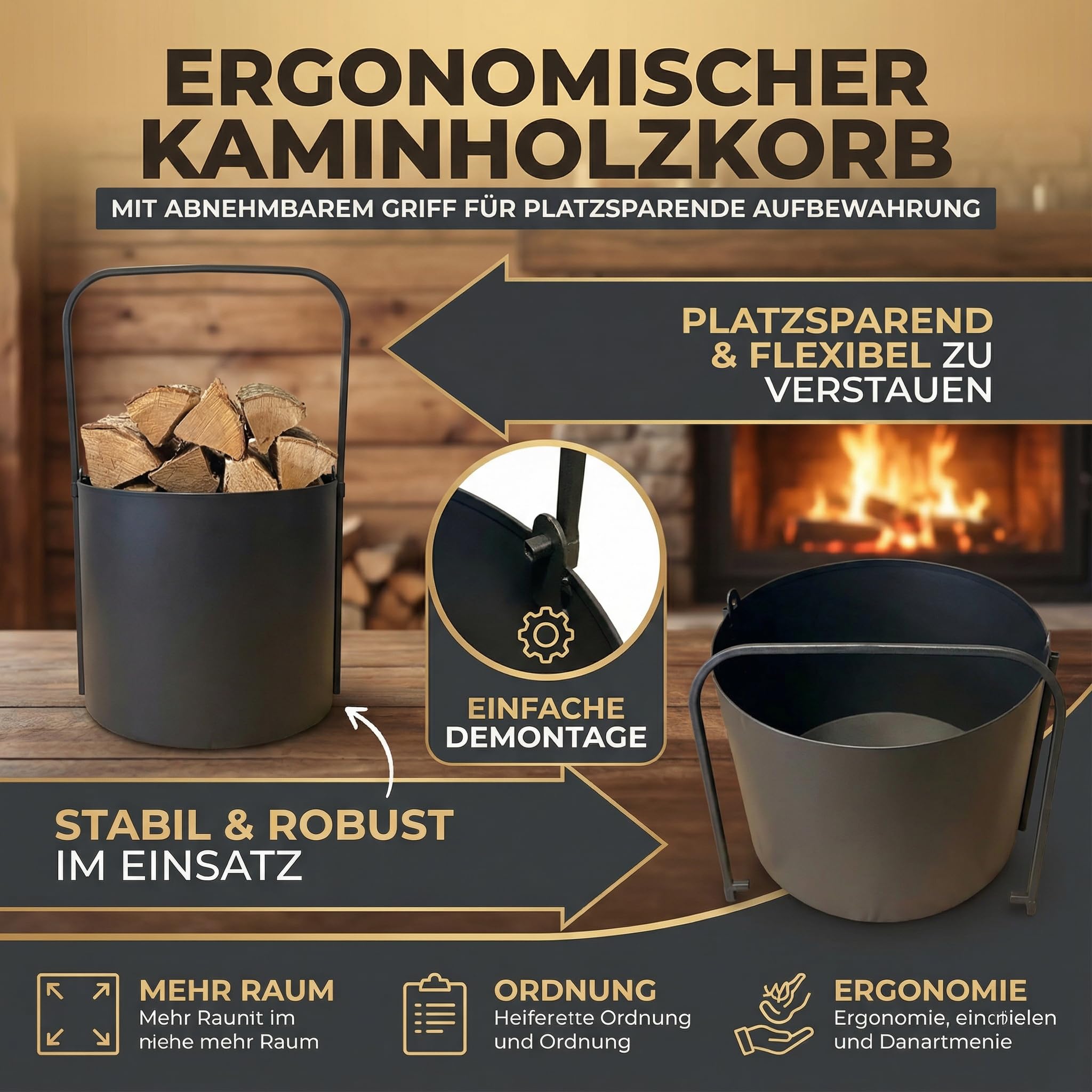 Kapaga - Holzkörbe, Kaminholzkorb aus Metall ⌀ 40 cm, Holzlager innen, Geschweißt - Sofort einsatzbereit, Pulverbeschichtet, Stabiler Holzständer, Feuerholzkorb, Faltbarer Korb mit Griff