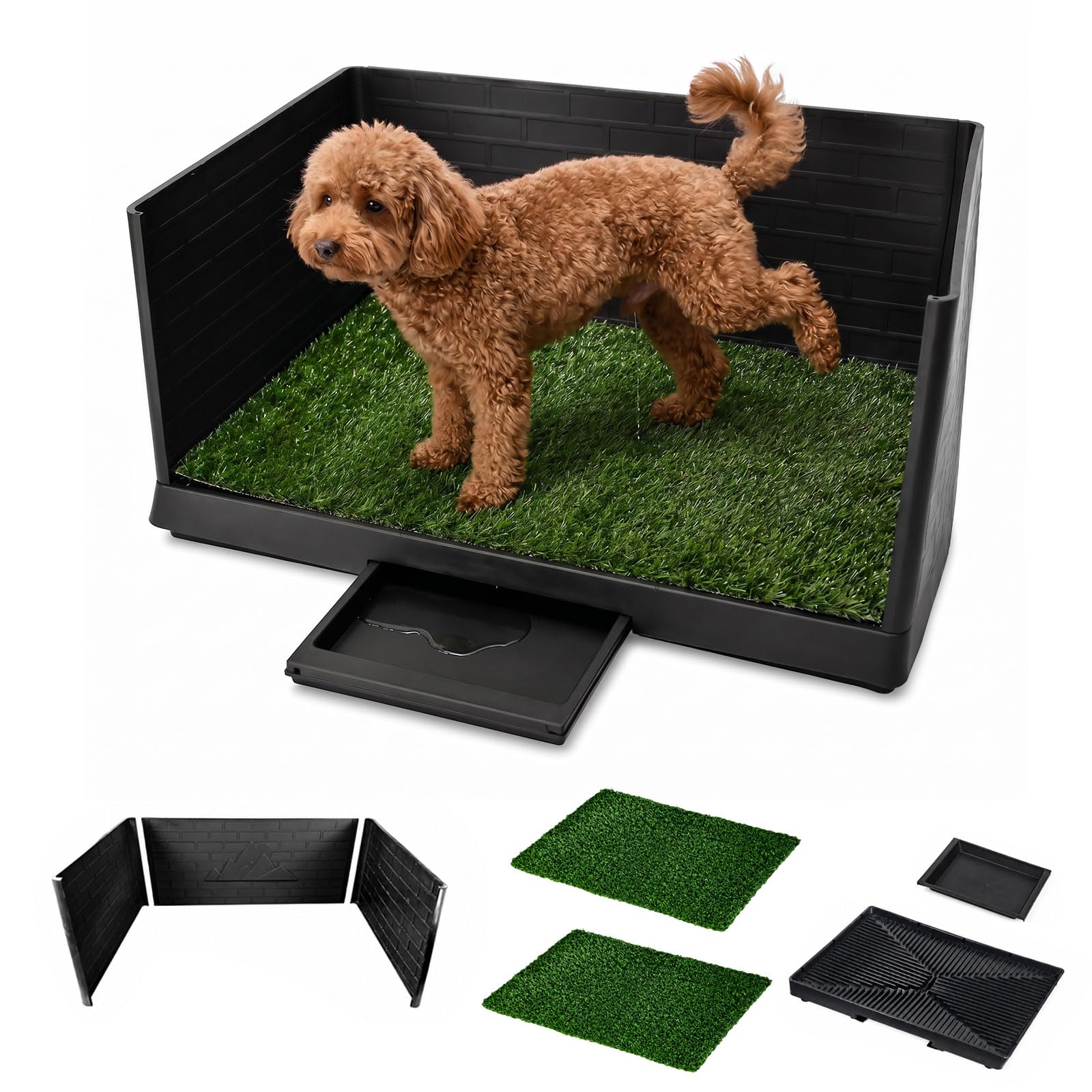 Dog Toilet Tray with 3 Sided Barrier 75 * 51 * 36.5cm, 2 Reusable Artificial Grass Mats, Quick Drainage, Easy to Clean, Indoor Outdoor Puppy Toilet with Waste Tray for Small Dogs