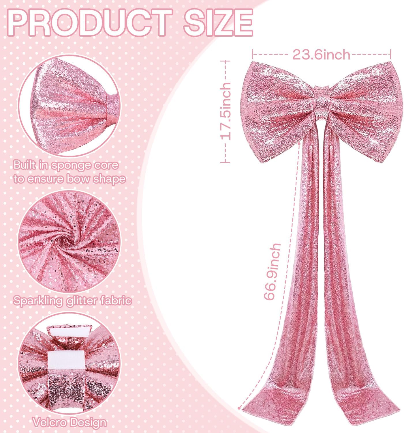 Giant Pink Bow Decor Big Bow with Long Ribbon 75 x 23 Inch Large Pink Bow for Decoration Birthday Party Room Wall Wedding Bride Decor Large Ribbon Tie Detachable Bow for Wedding Party Events
