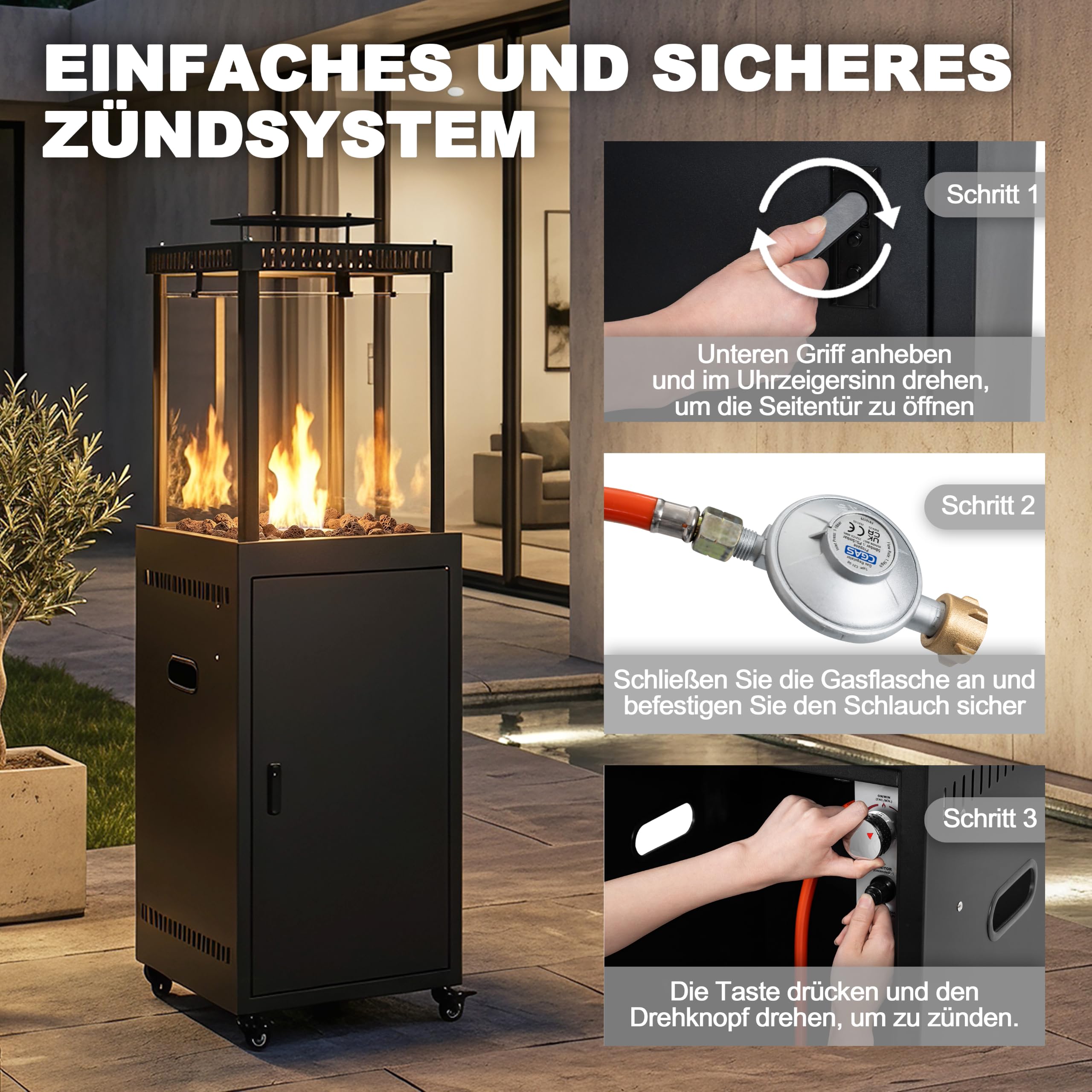 Avestar 11 kW rauchfreier Gas-Terrassenheizer mit Lavasteinen, schwarz