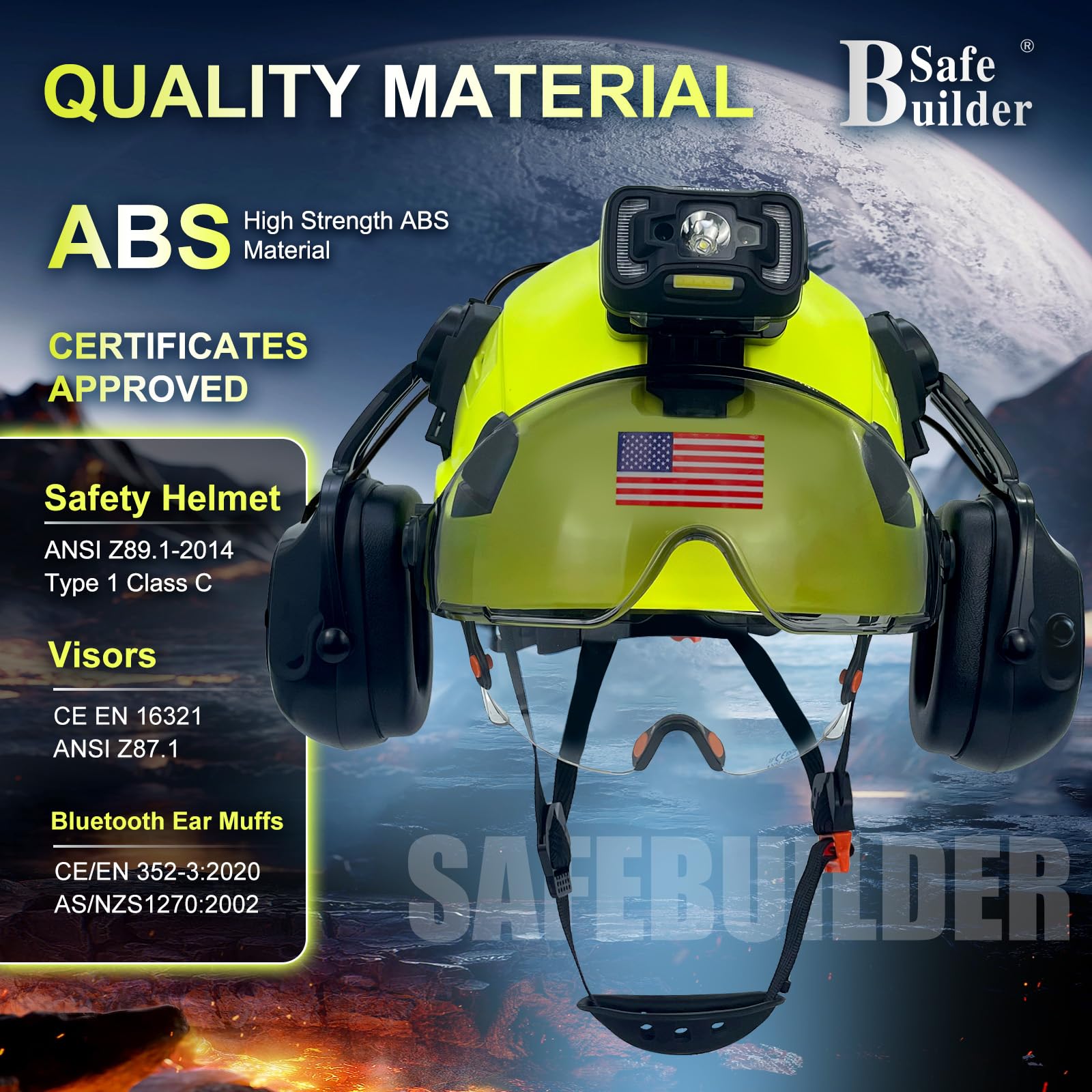 SAFEBUILDER Cascos duros con orejeras Bluetooth, casco de seguridad con visera ventilada ajustable para construcción forestal ANSI