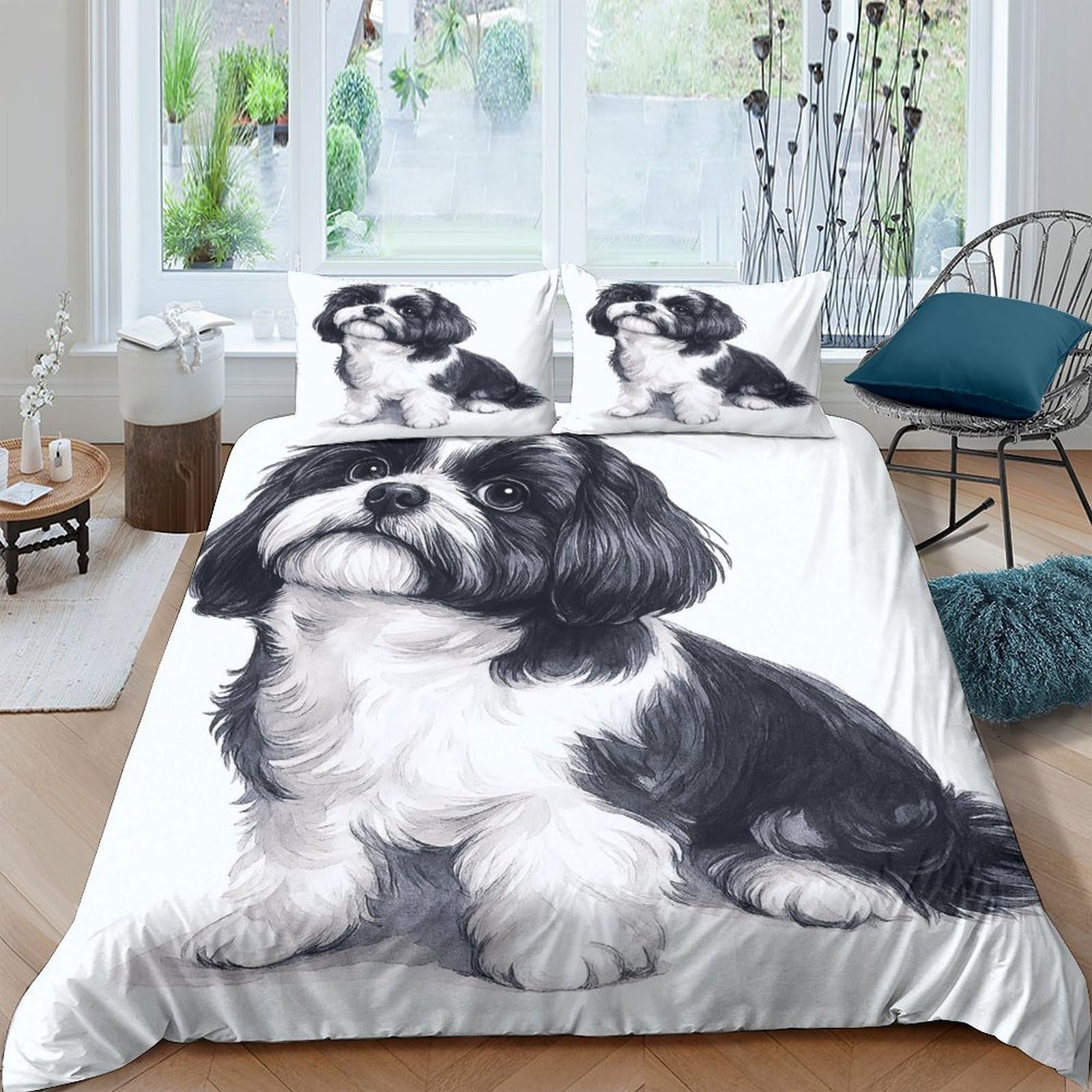 Ctjqhvkz Style-9 3D Printed Shih Tzu Dog Fitted Sheet Microfiber Soft White Black Puppy Bed Cover For Bedroom Guest Room Decor Single（135X200cm）